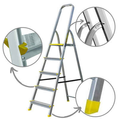 nm_trade Stehleiter Stehleiter Haushaltsleiter mit 5 Stufen Profi Leiter aus Aluminium, leicht, robust, belastbar bis 120 kg, aus Aluminium, rostfrei