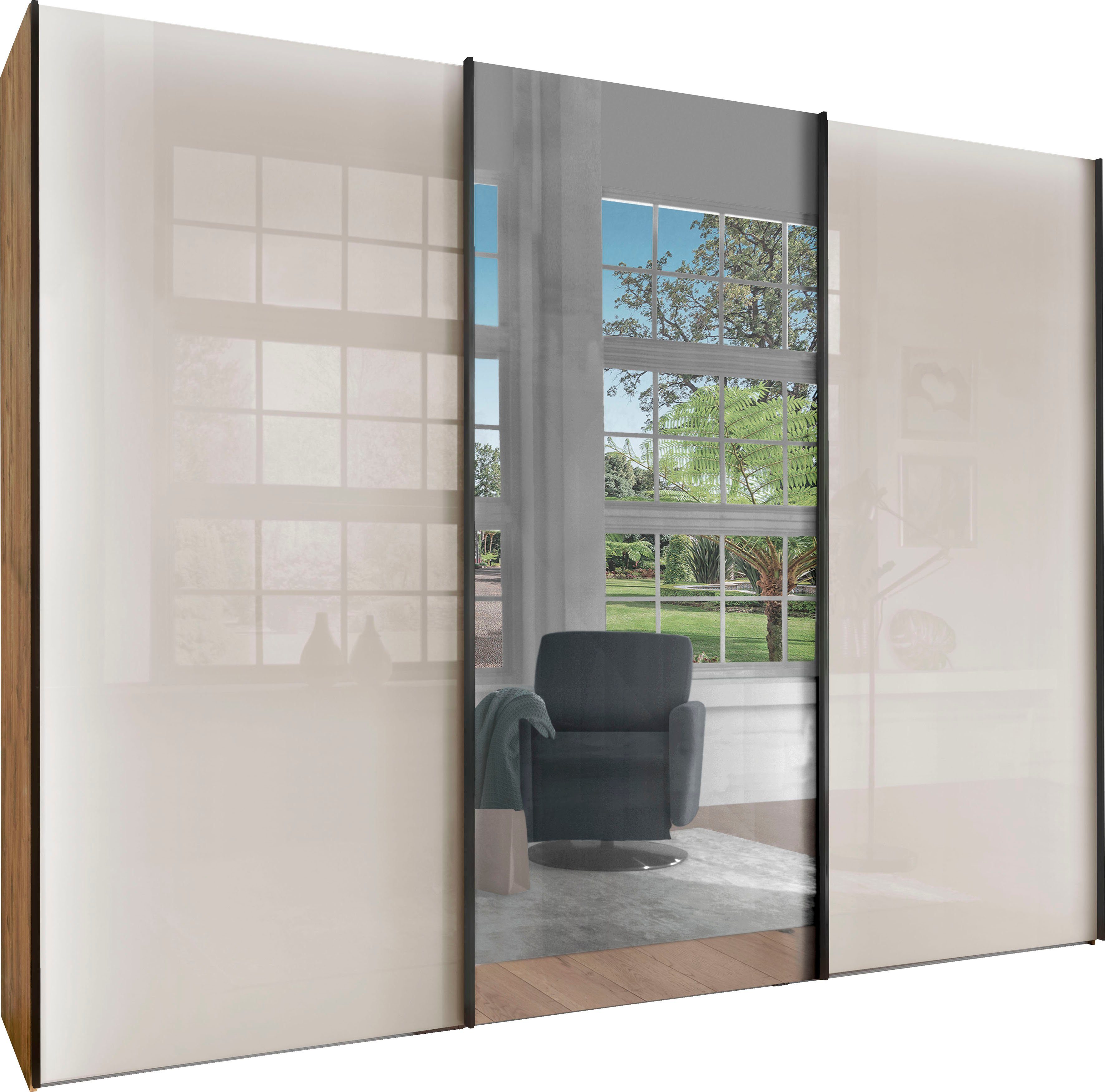 WIEMANN Schwebetürenschrank Monaco, Kleiderschrank, Schrank, Wäscheschrank, mit Schiebetüren (2 Breiten, 2 Höhen 216/236 cm auswählbar, MADE IN GERMANY) hochwertige Glas- und Spiegelfront, variable Inneneinteilung