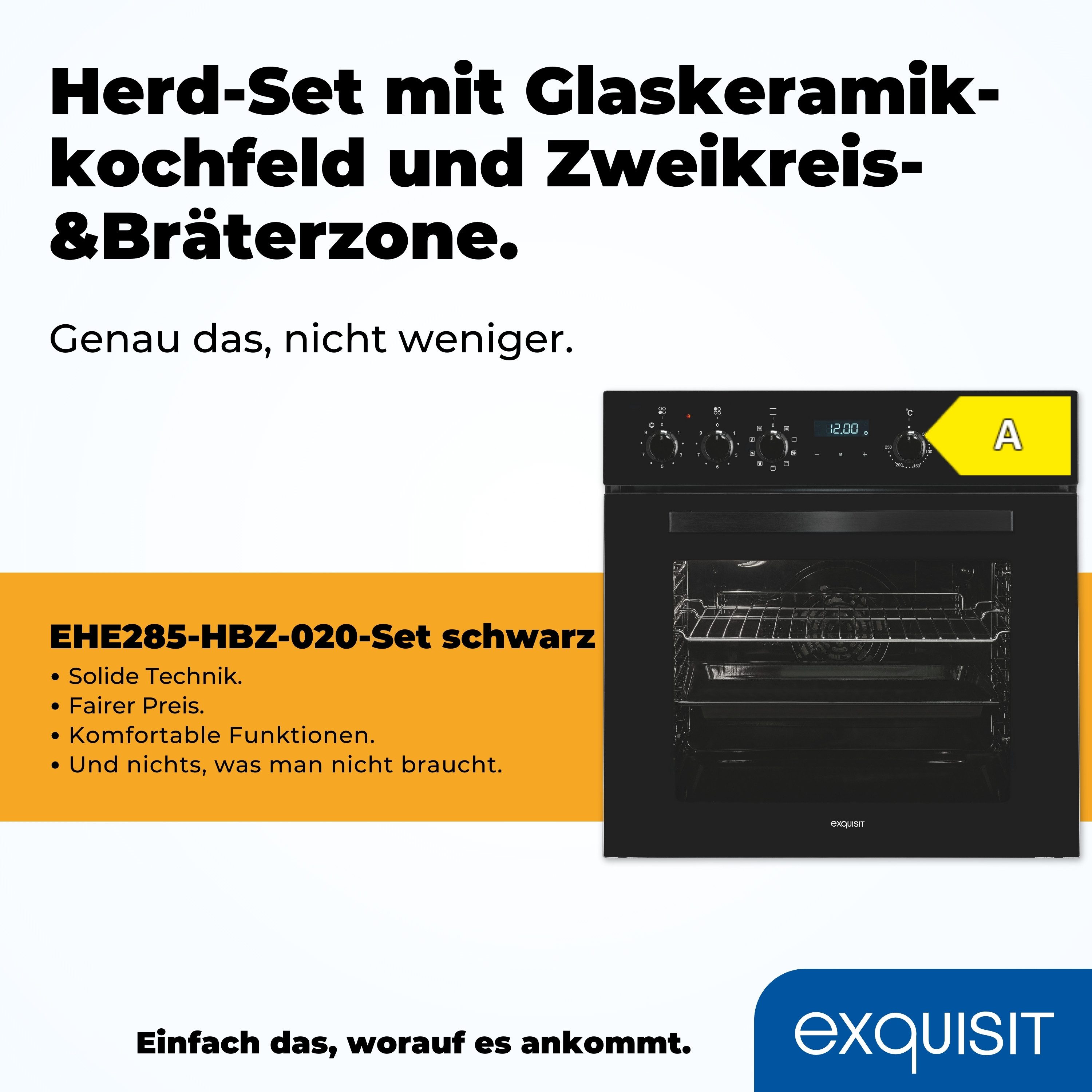 exquisit Elektro-Herd-Set EHE285-HBZ-020schwarz, Heißluft:Braten mit knuspriger Kruste,Pizzastufe für die Pizza zuhause