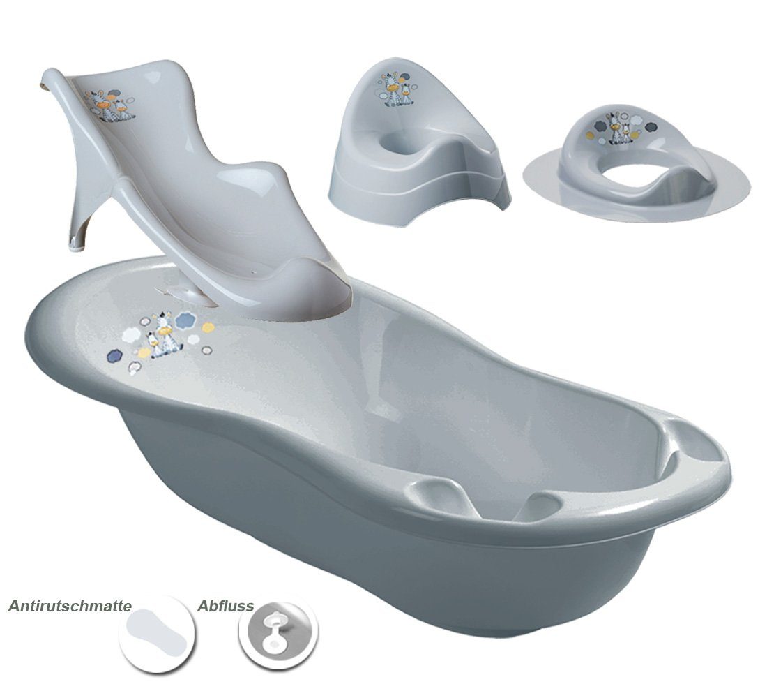 Maltex Babybadewanne 4 Teile SET - ZEBRA Grau - Badeset Baby Wanne 84 cm, (Made in Europa Premium.set 4 Tlg), ** Wanne+Sitz+Töpfchen+WC Aufsatz **