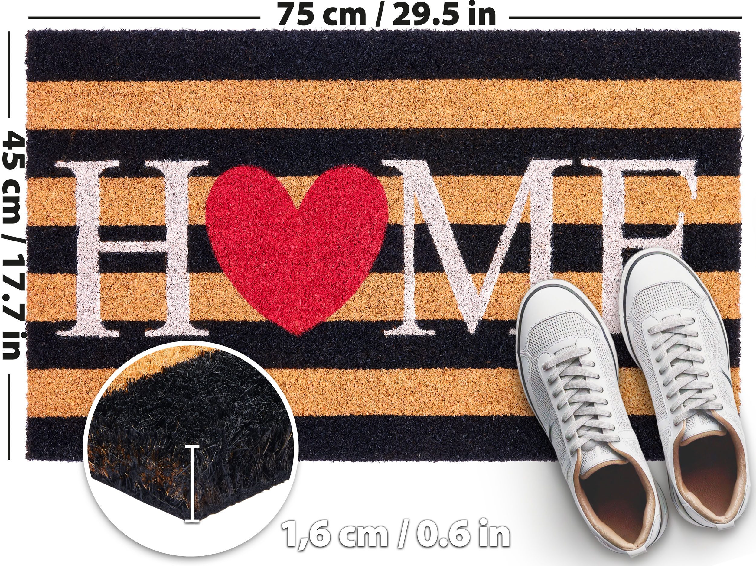 BRUBAKER Fußmatte Home mit Herz - Gestreift - 45 x 75 cm Schmutzfangmatte, günstig online kaufen