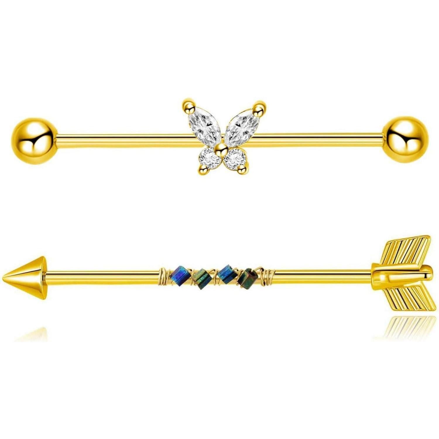 LuxusKollektion Piercing-Set Piercing Industrial 38mm Chirurgenstahl 14G Schmetterling 2stk Gold B