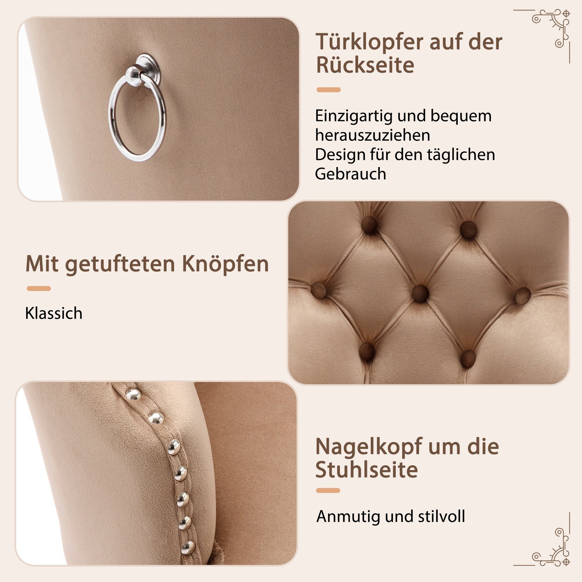 Esszimmerstuhl (Polsterstuhl, 6 St), Küchenstuhl Wohnzimmerstuhl Samt mit Knopfheftung, Massivholzbeine
