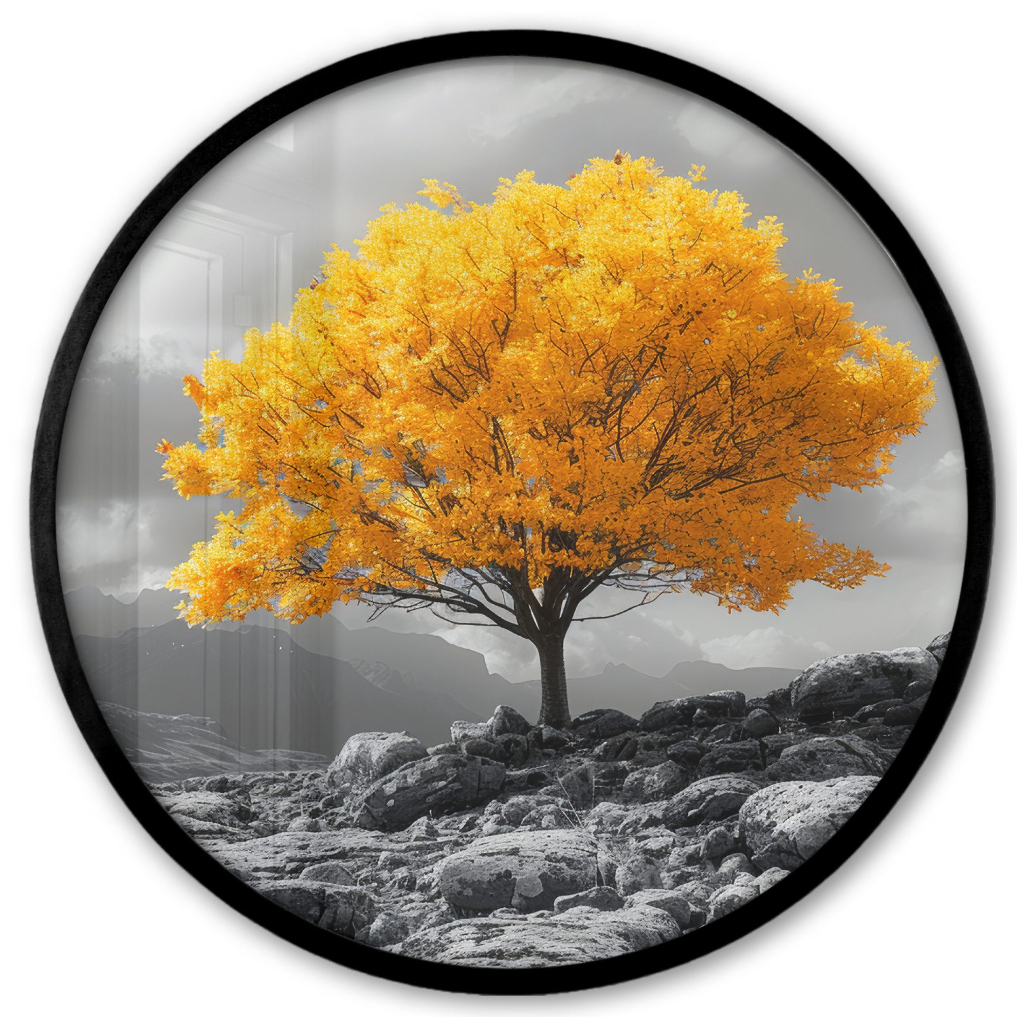 Poster Rund - Baum - Gelb - Natur - Schwarz und weiß