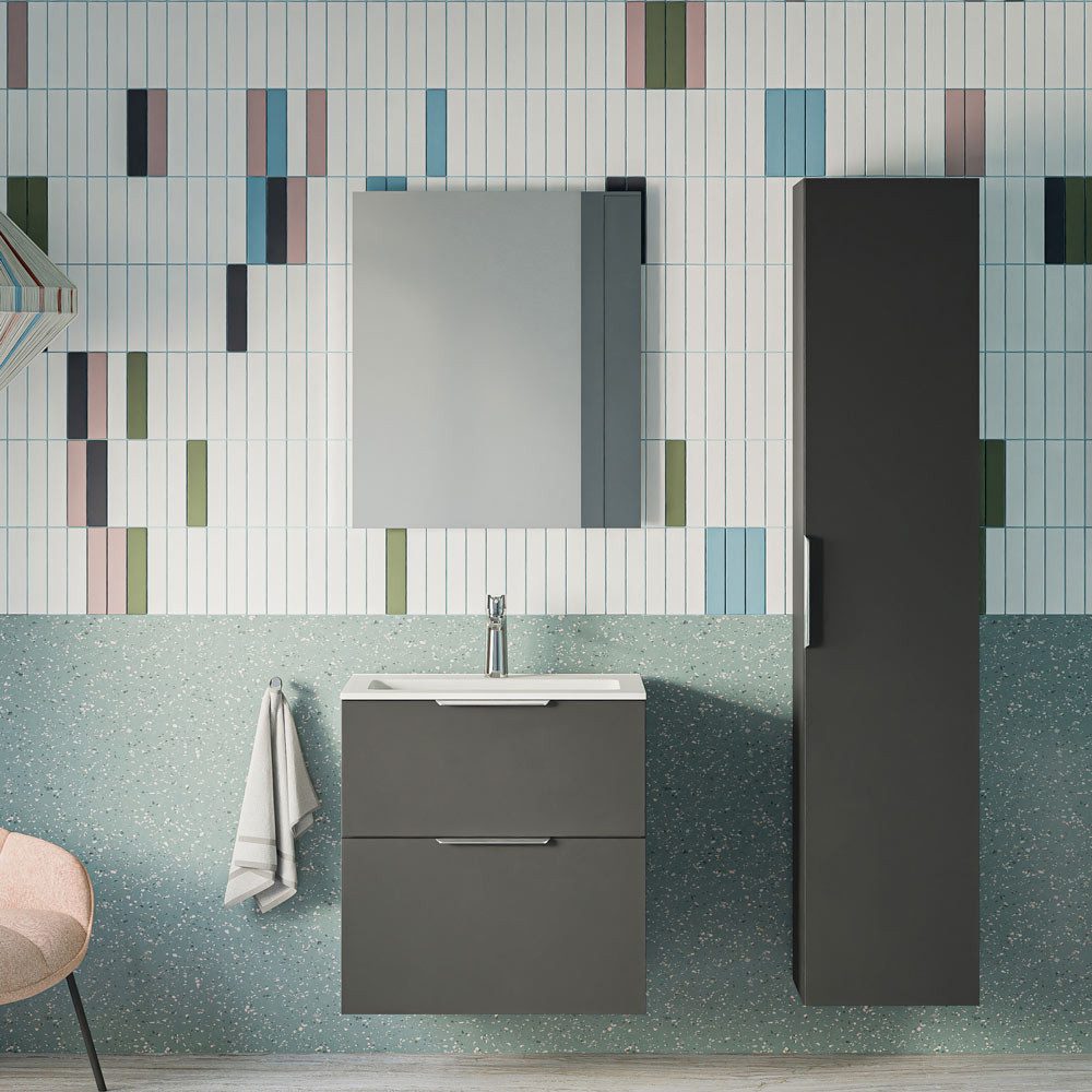 Bernstein Badmöbel-Set TIM 60 Anthrazit matt Griff Schwarz Spiegel Eckig, Badmöbel Set 60cm Keramik Becken Hochschrank LED-Spiegel