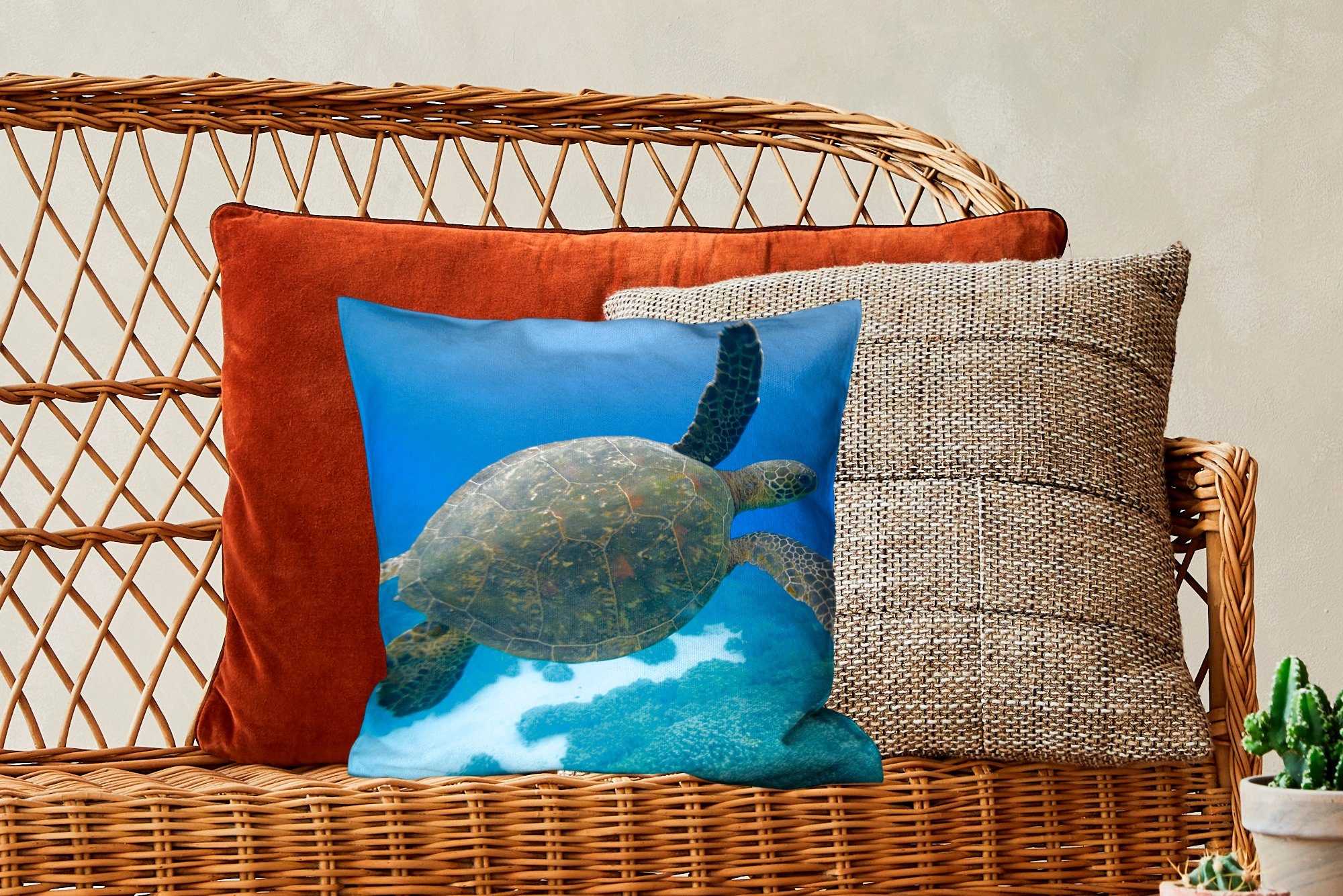 Deko, Grüne Schlafzimmer, Fotodruck, MuchoWow mit für Zierkissen Wohzimmer, schwimmende Füllung Schildkröte Sofakissen Dekokissen