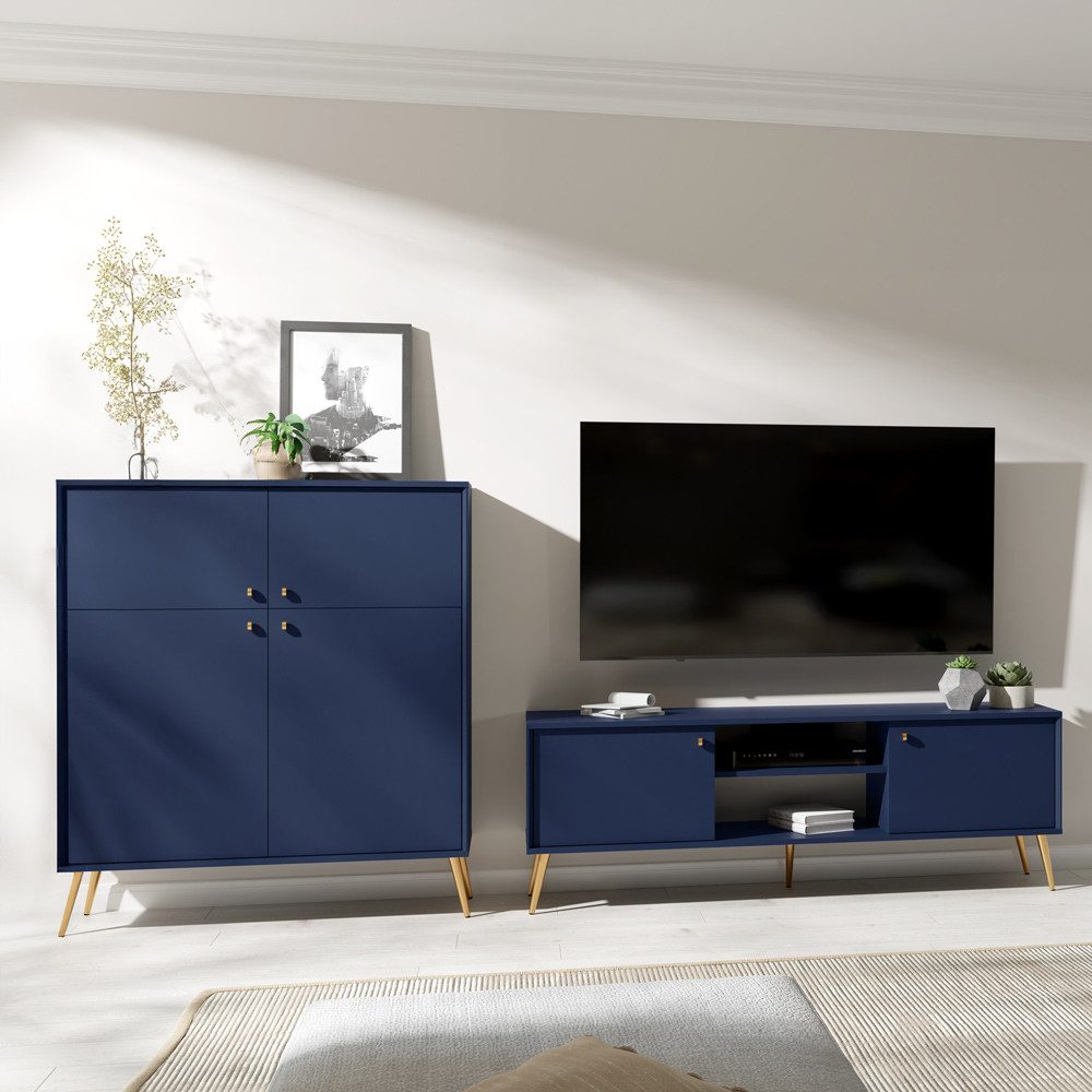 Lomadox Wohnwand RIPLEY-166, (2-St., Highboard Lowboard), modern dunkelblau Wohnzimmer Set mit goldenen Details