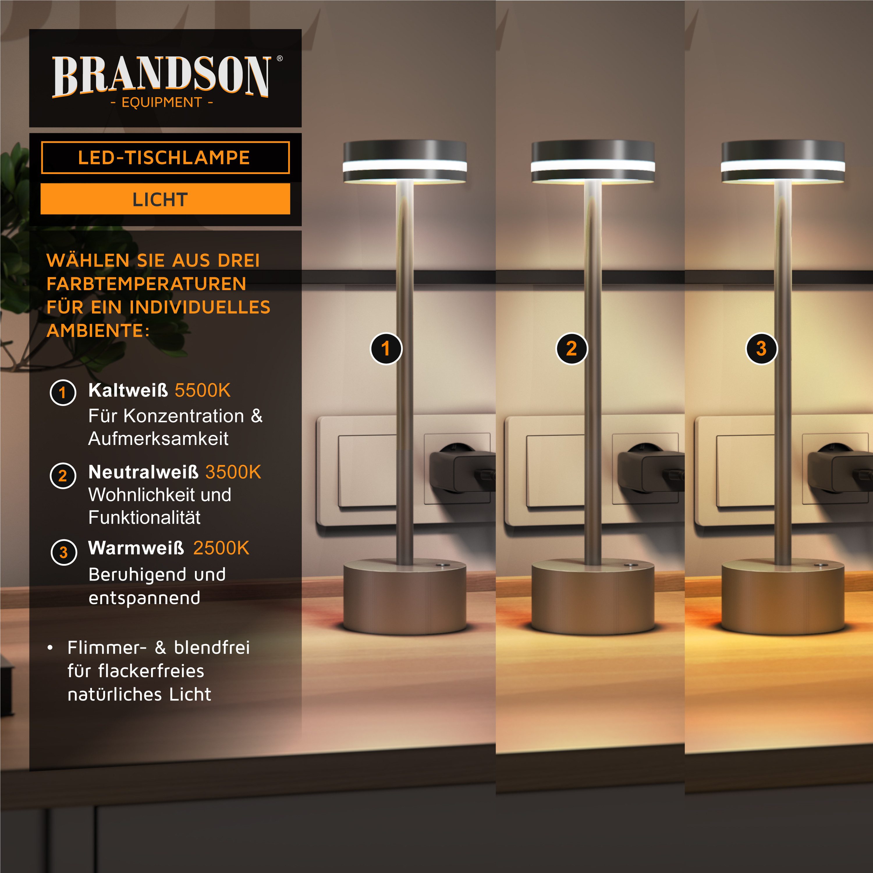 Brandson LED Tischleuchte Tischlampe, stufenlos dimmbar, 3 Lichtfarben, Akku 3600 mAh, Touch, Dimmfunktion; Ein-/Ausschalter; Farbwechsel; mehrere Helligkeitsstufen, LED fest integriert, Kaltweiß, Neutralweiß, Warmweiß, Tischlampe kabellos, USB-C, Schreibtischlampe, modern, platzsparend