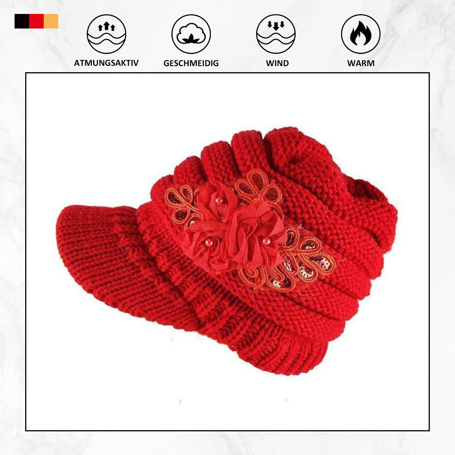 Schiebermützen Warme Damen-Wintermütze mit Ballonmütze Bommelmützen, Blumendekoration MAGICSHE rot