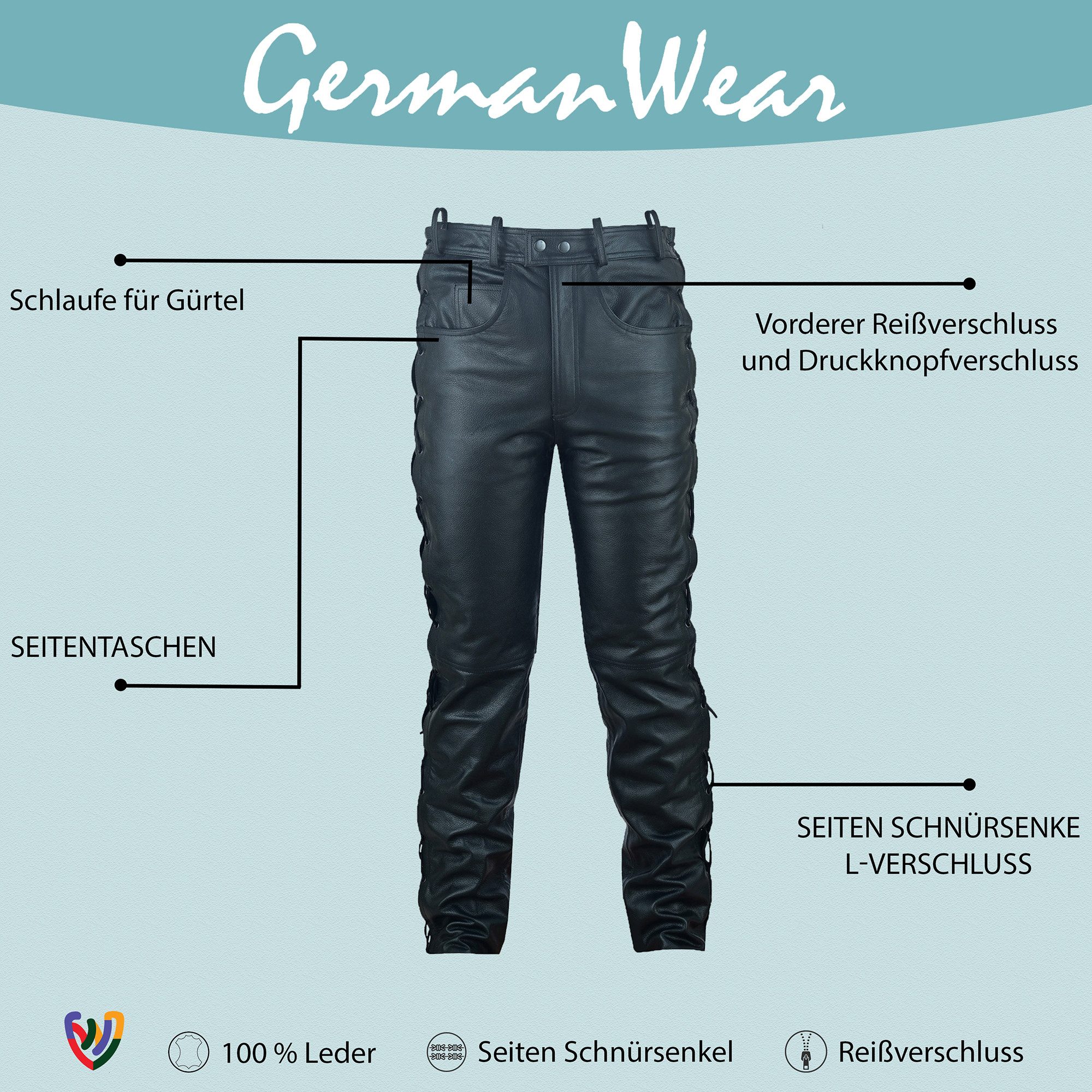 German Wear Lederhose GW860 Black Lederjeans Büffelleder geschnürt Schwarz
