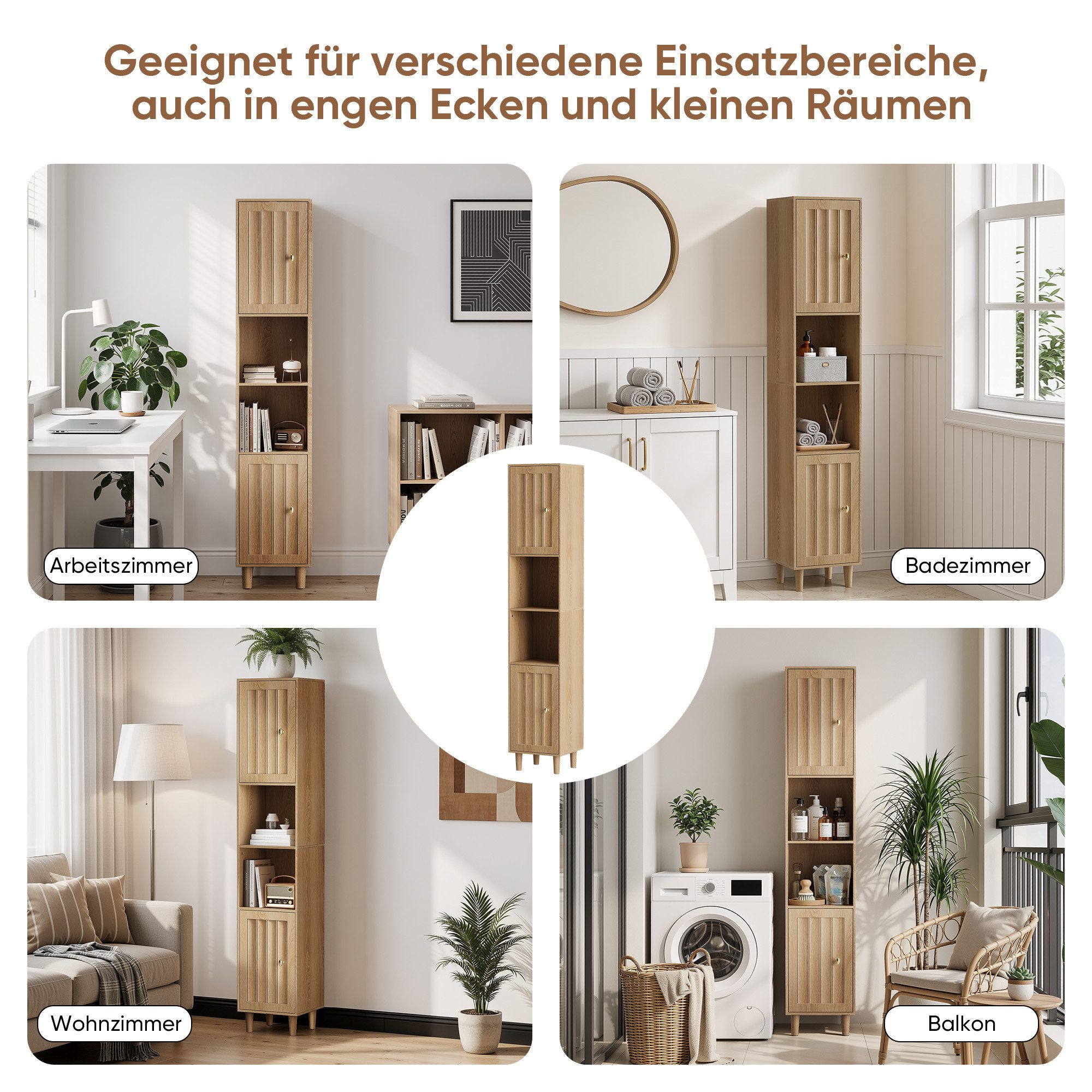 Yorbay Badkommode Badezimmerschrank schmal, Hochschrank mit Türen und offenen Fächern, Freistehender Badschrank mit verstellbaren Einlegeböden, Eiche Optik – Bild 5 von 5