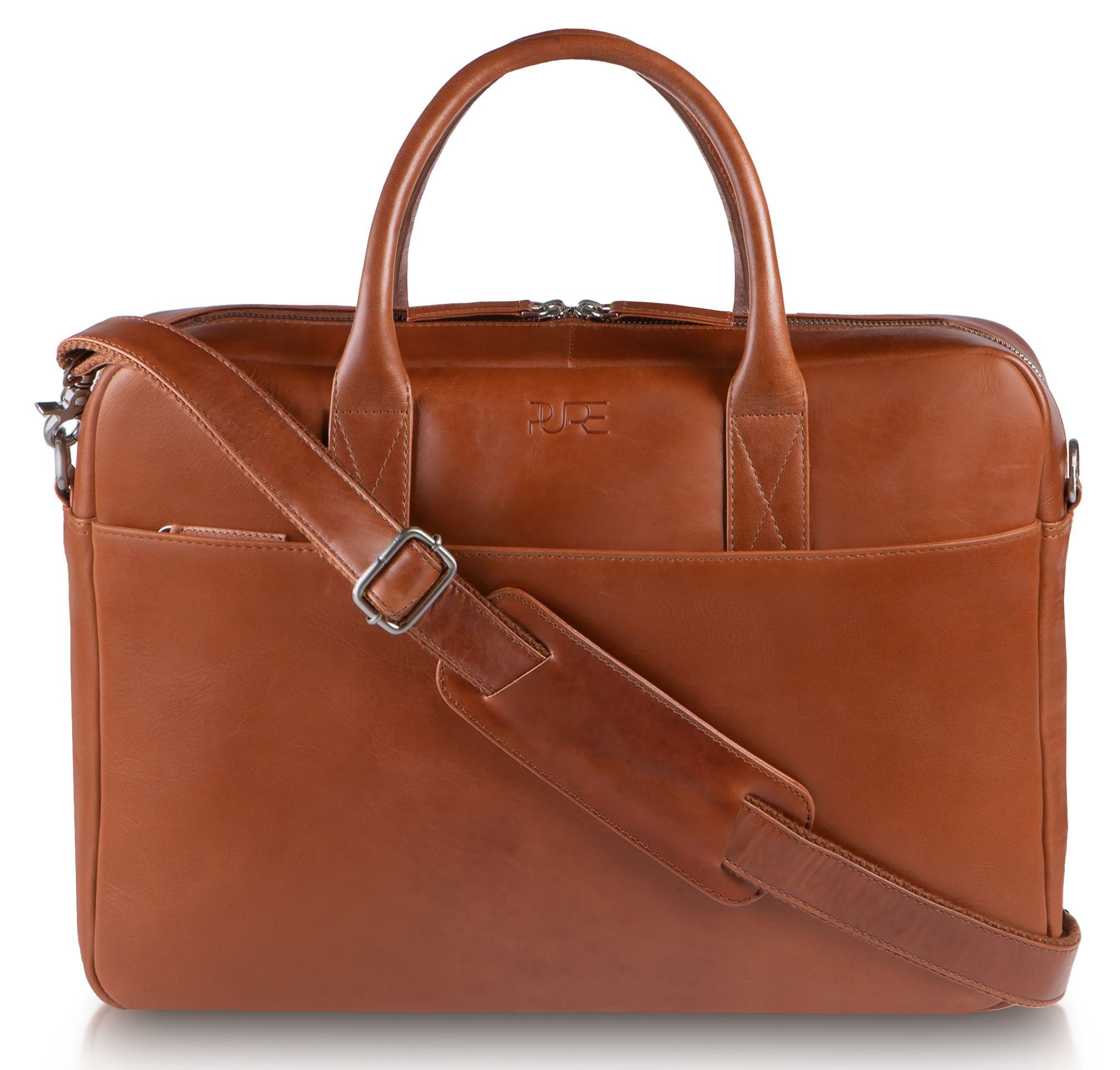 PURE Leather Studio Aktentasche Laptoptasche NAOS Cognac, Echtleder Businesstasche bis 15,6 Zoll Umhängetasche Herren