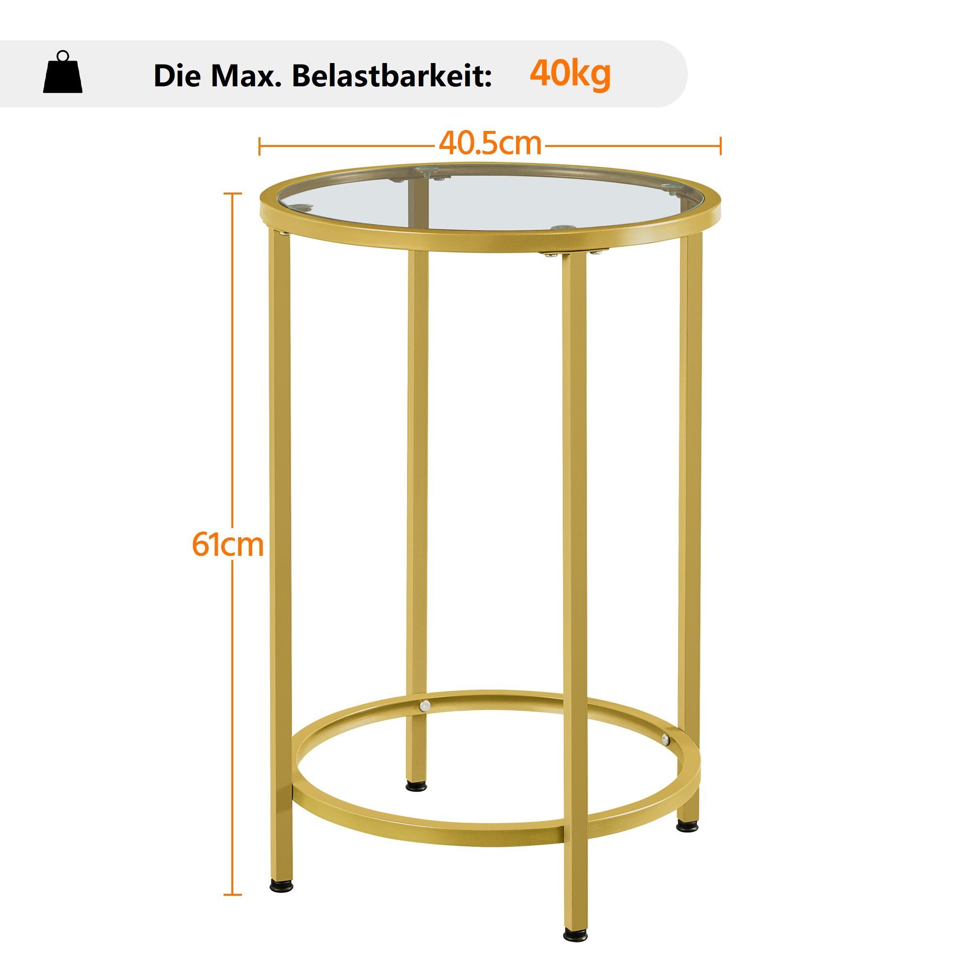 Glastisch, Beistelltisch 40 Ø Kleiner Yaheetech rund cm Couchtisch gold