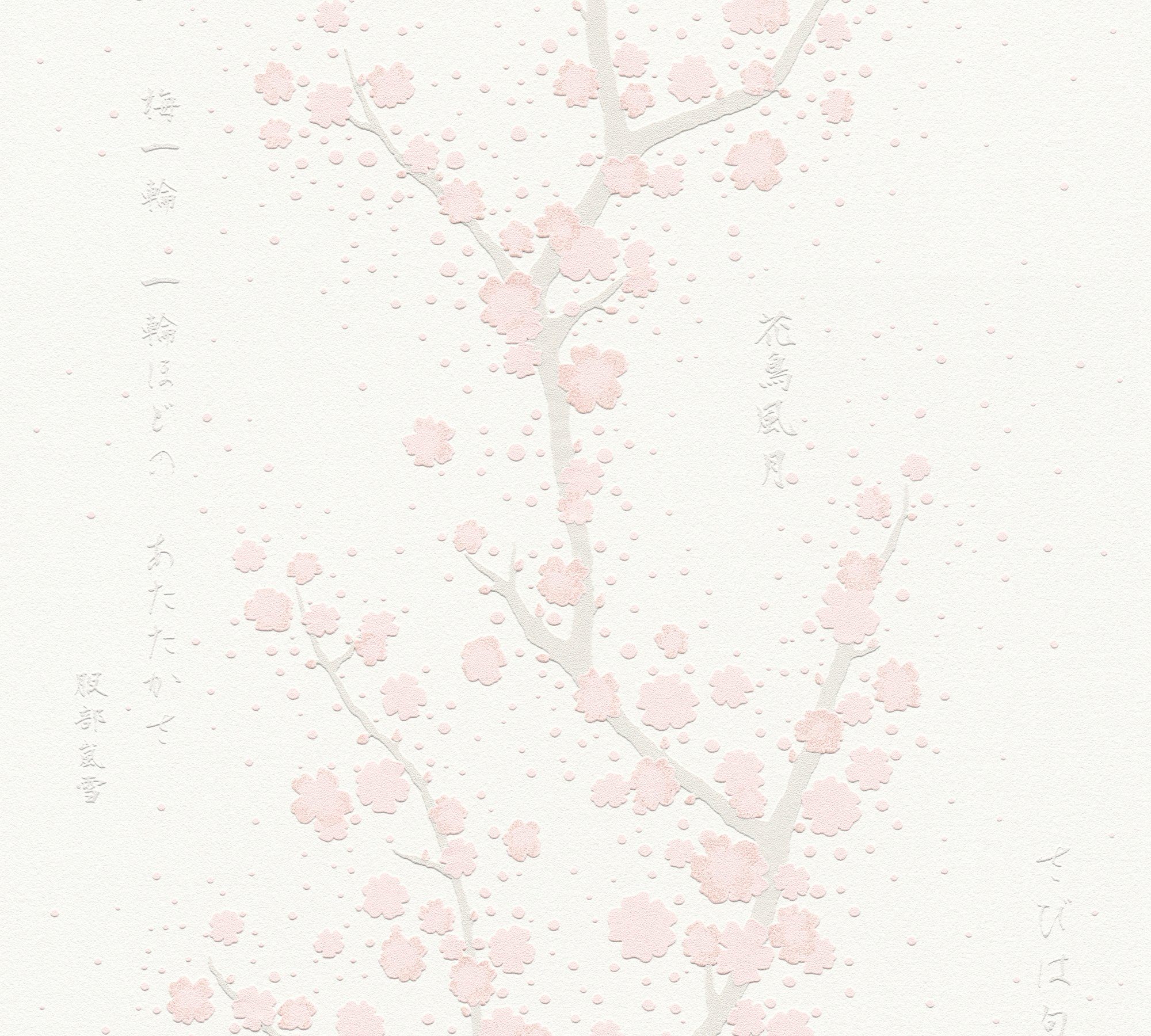 mit Création A.S. weiß/rosa/hellgrau Blumentapete Schrift, Asian Vliestapete Japanisch floral, aufgeschäumt, Tapete asiatisch, Fusion,