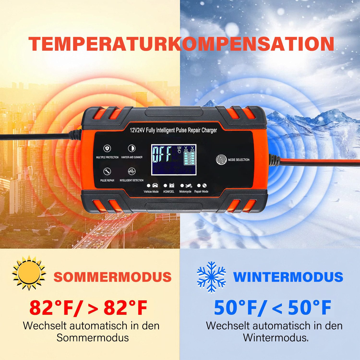 MOPUEA 8-A Intelligent Battery Charger, 12V/24V Car Battery Charger (with trickle charge, fully automatic desulfator, with temperature compensation for cars, trucks, lawnmowers)