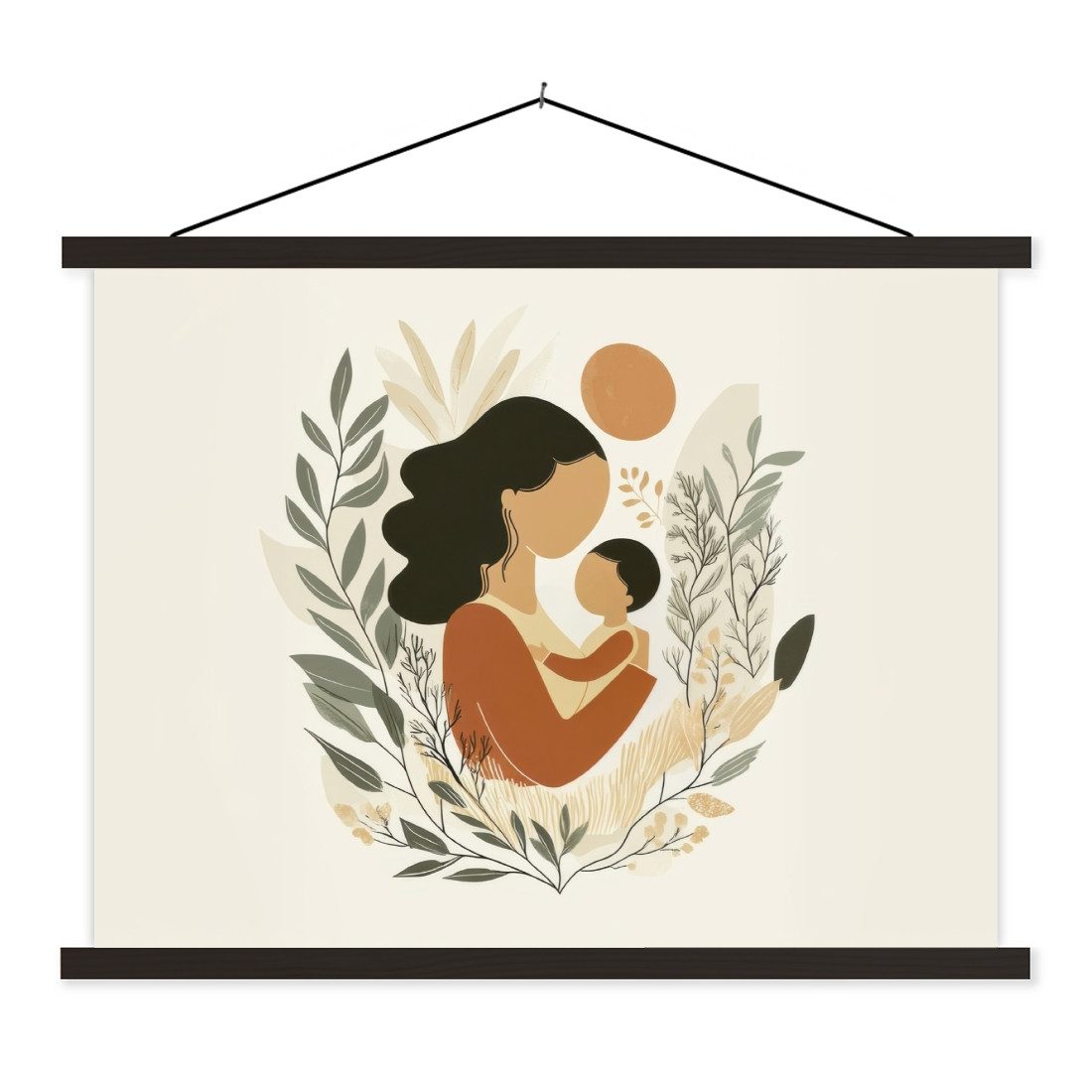 MuchoWow Poster Illustration - Mutter - Kind - Liebevoll, (1 St), Bilderhalter, Bilderrahmen, Magnet Rahmen, Holz, 150x113 cm