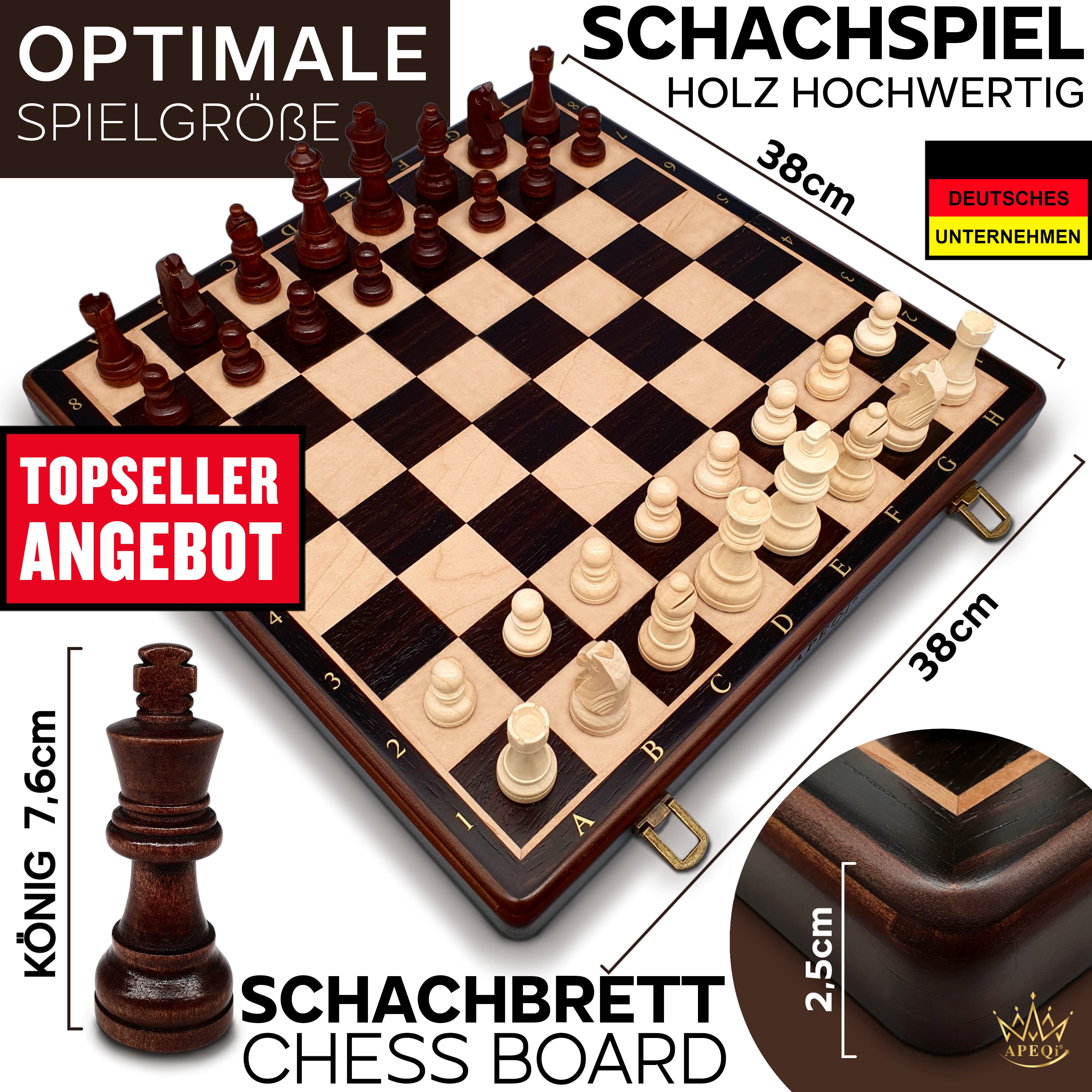 APEQi Spiel PREMIUM Schach - Schachspiel Holz hochwertig - Schachbrett mit Figuren, Massivholz, 2 EXTRA-Damen, Geschenkidee, klappbar, 34 Schachfiguren