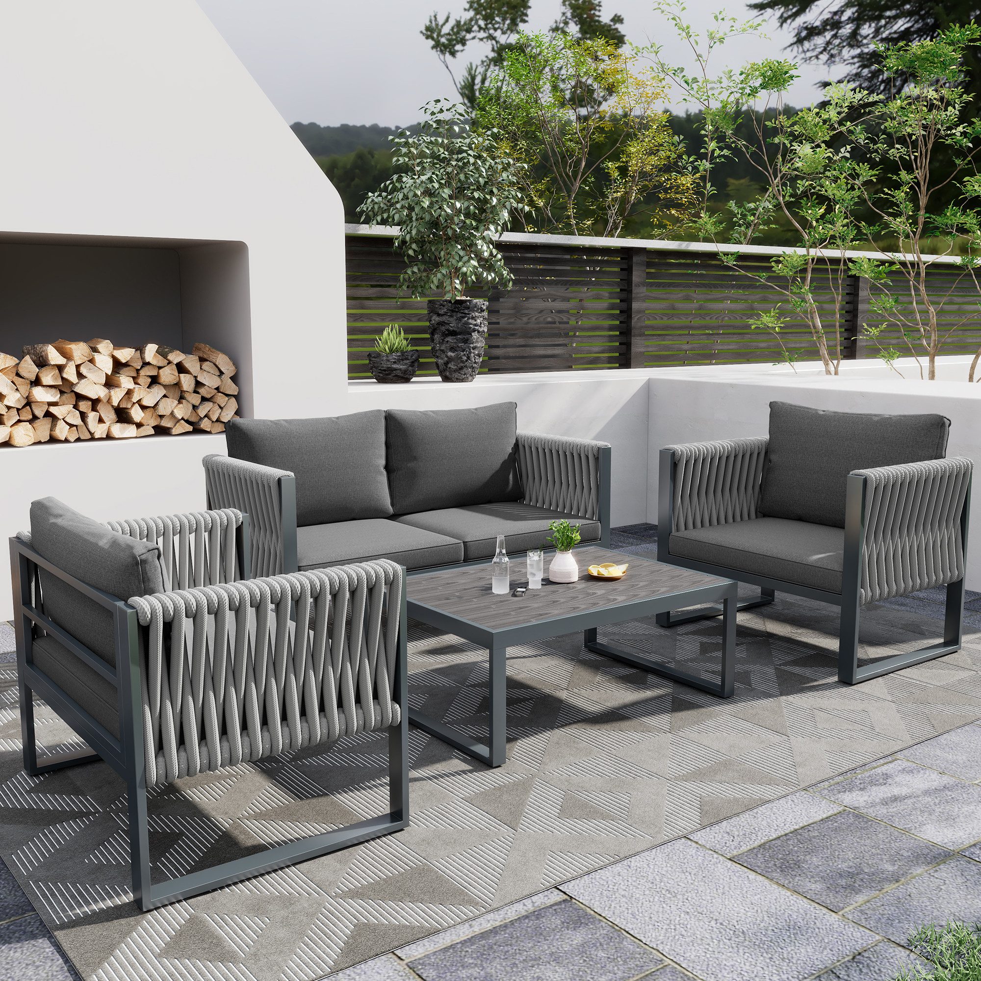 Flieks Gartenlounge-Set, 4-Sitzer Gartenmöbel Balkonset Armlehnen günstig online kaufen