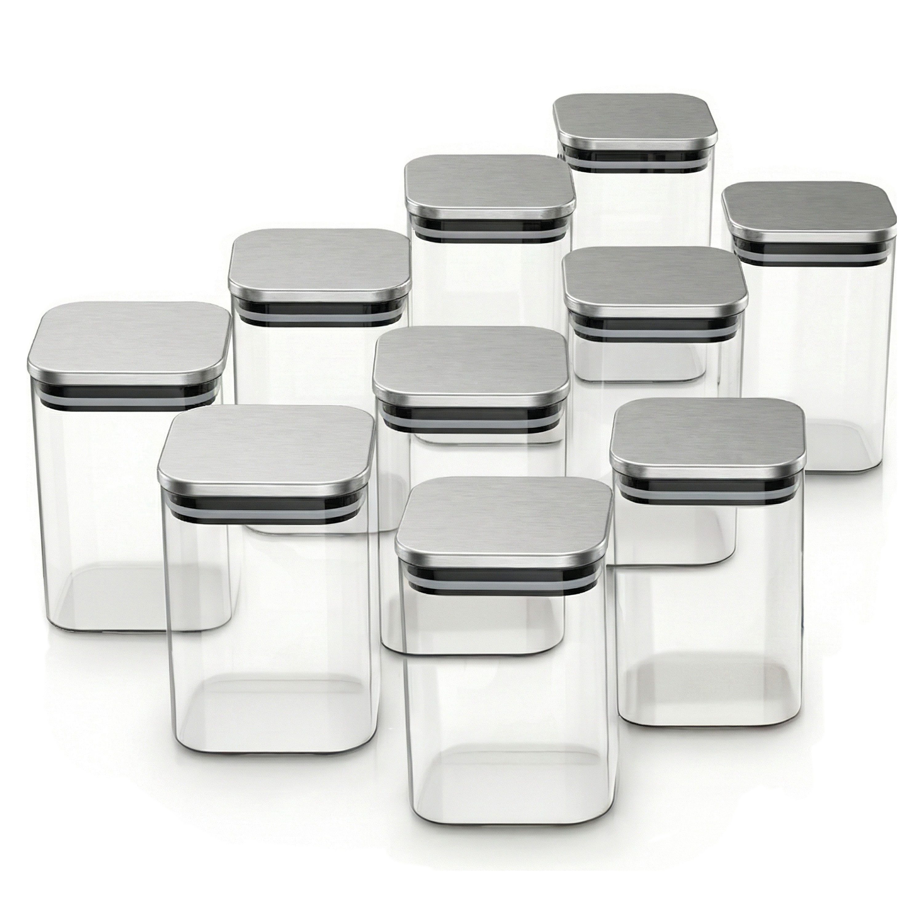 Arendo Aufbewahrungsbecher Glasbehälter-Set 10x 1,65L Borosilikatglas mit Edelstahldeckel, Borosilikatglas, Edelstahl, Silikon, (Vorratsbehälter-Set, 10-tlg., 10er Set), Hitzebeständig, umweltfreundlich, langlebig, mikrowellengeeignet