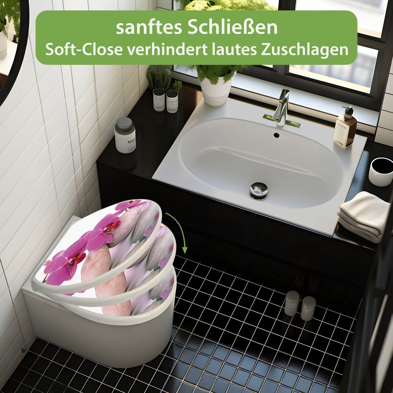 banjado WC-Sitz mit Absenkautomatik Motiv Orchidee (umweltfreundliches Material, integrierte Scharniere), 44,5 x 37 x 5 cm – Bild 4 von 5