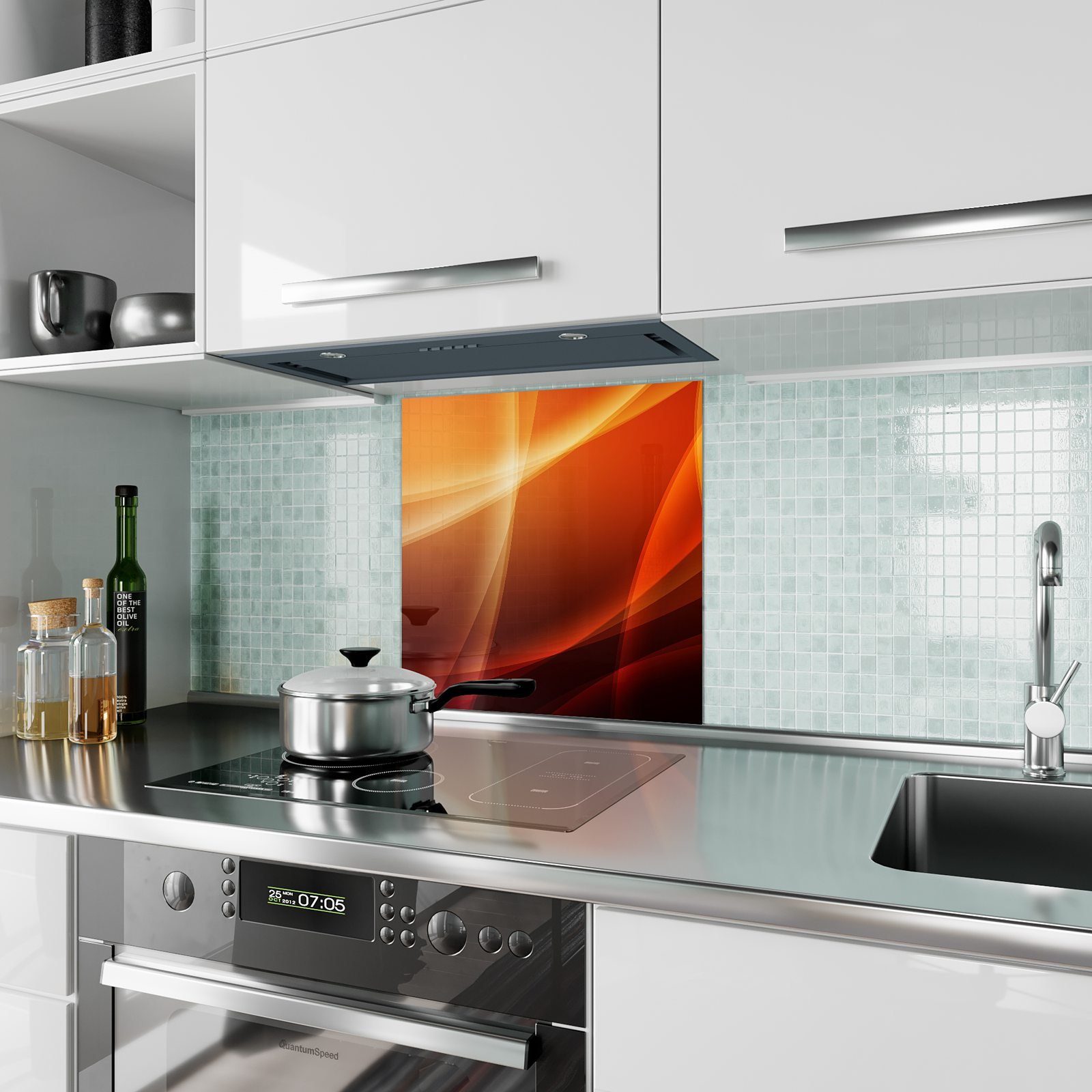 Primedeco Küchenrückwand Spritzschutz Glas Orange Lichtdarstellung