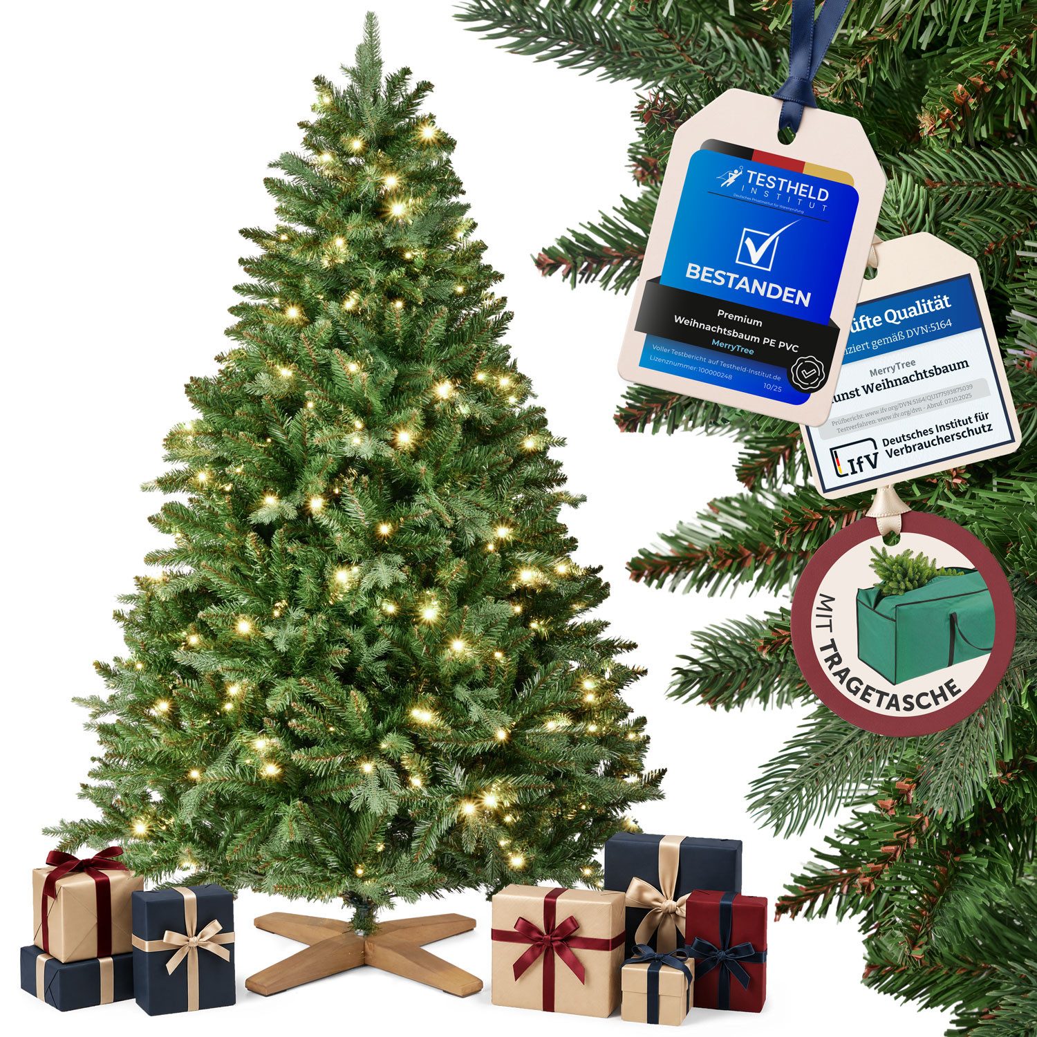 MERRY TREE Künstlicher Weihnachtsbaum Premium künstlicher Weihnachtsbaum aus naturgetreuem PVC + PE, Nordmanntanne, Spritzguss Mix mit massivem Holzfuß, mit und ohne Beleuchtung