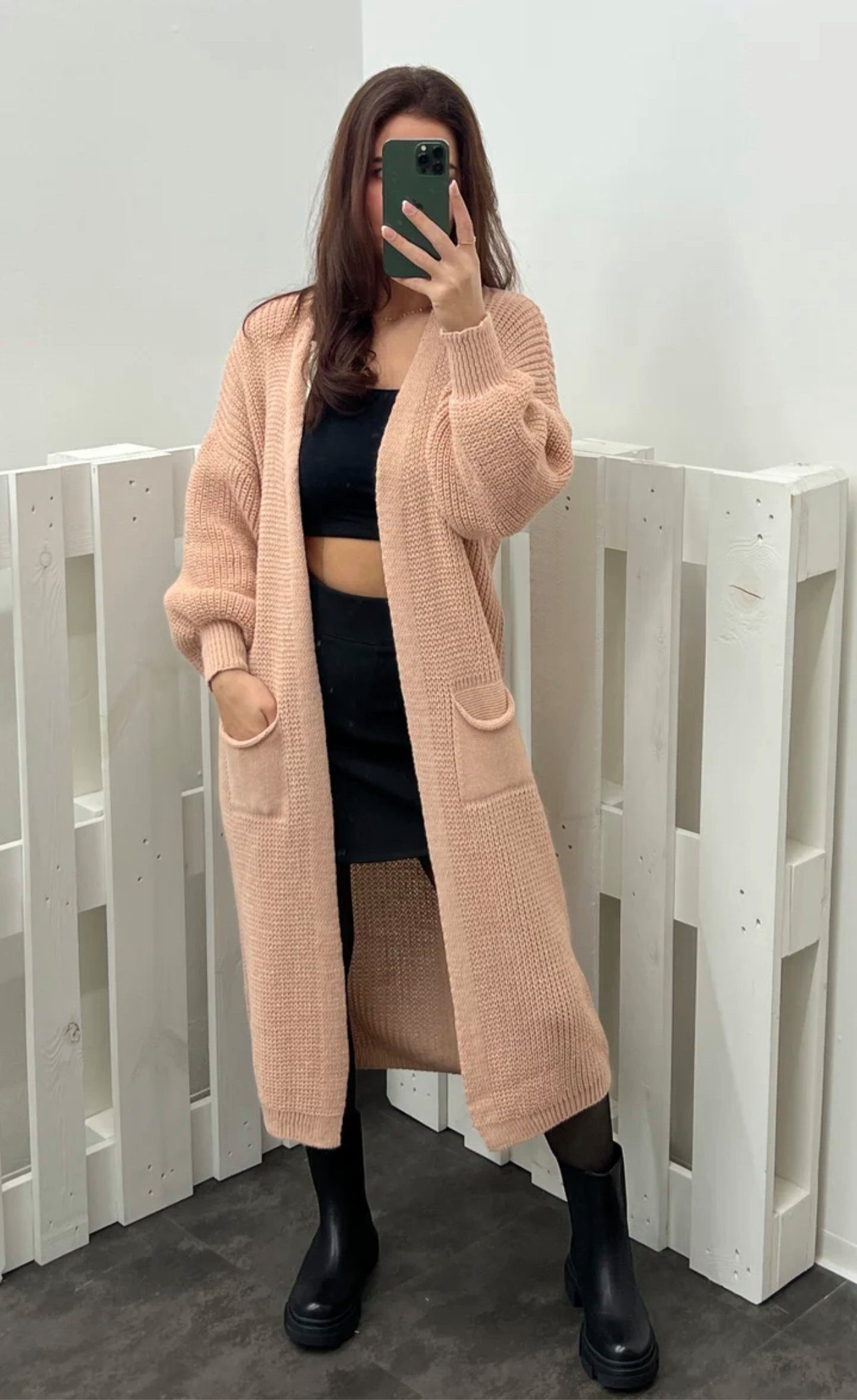 Cardigan Strickjacke aufgesetzten MISS Altrosa HELLO Lang Maxi mit Modisch Longstrickjacke Taschen,