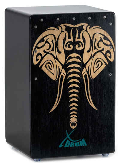 XDrum Cajon Designer-Cajon mit Kunstdruck "Elefant", Bass Port & Snare Teppich mit 20 Spiralen