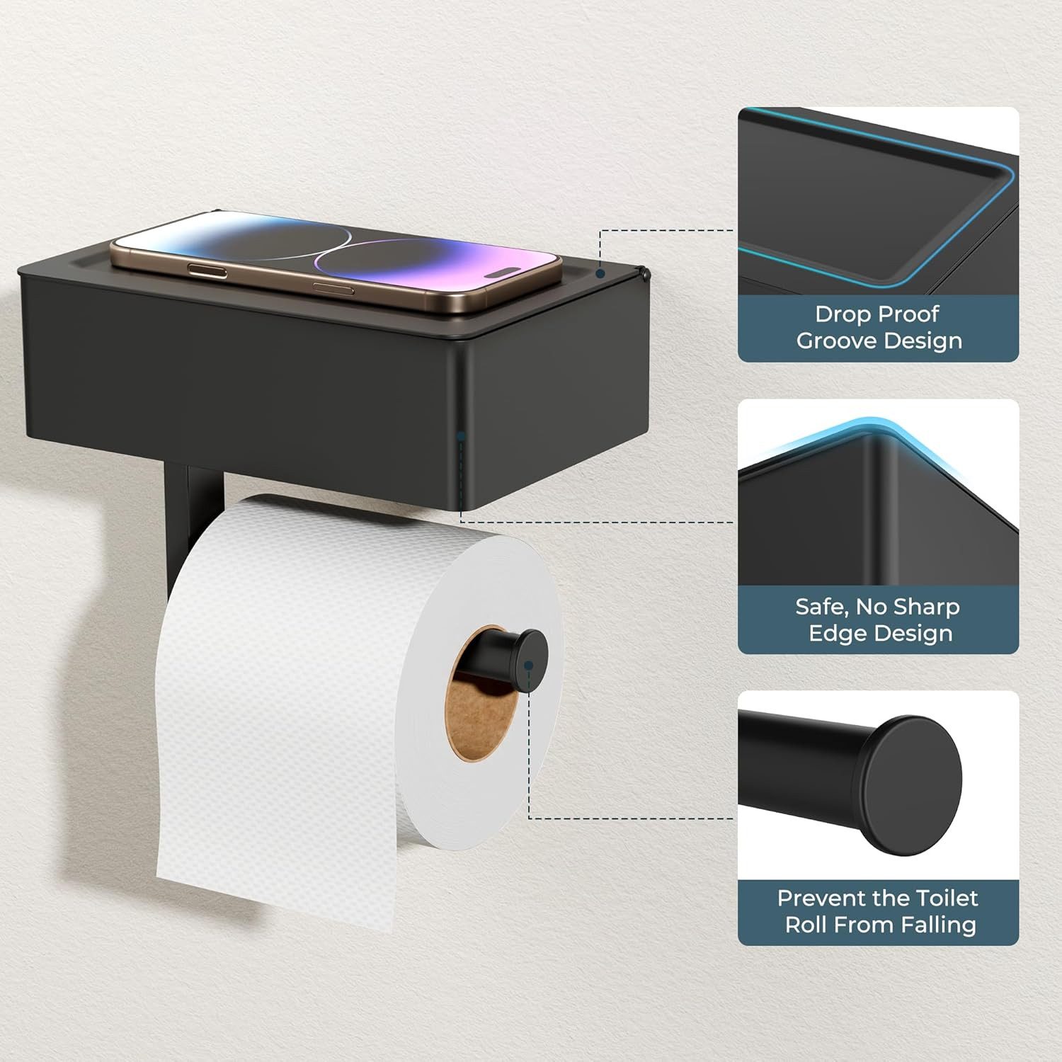 ibettertec Toilettenpapierhalter Klopapierhalter edelstahl Feuchttücherbox, selbstklebend oder Bohren (WC Papier Halterung mit 21 cm Ablage,Storage rack,tissue  – Bild 3 von 5