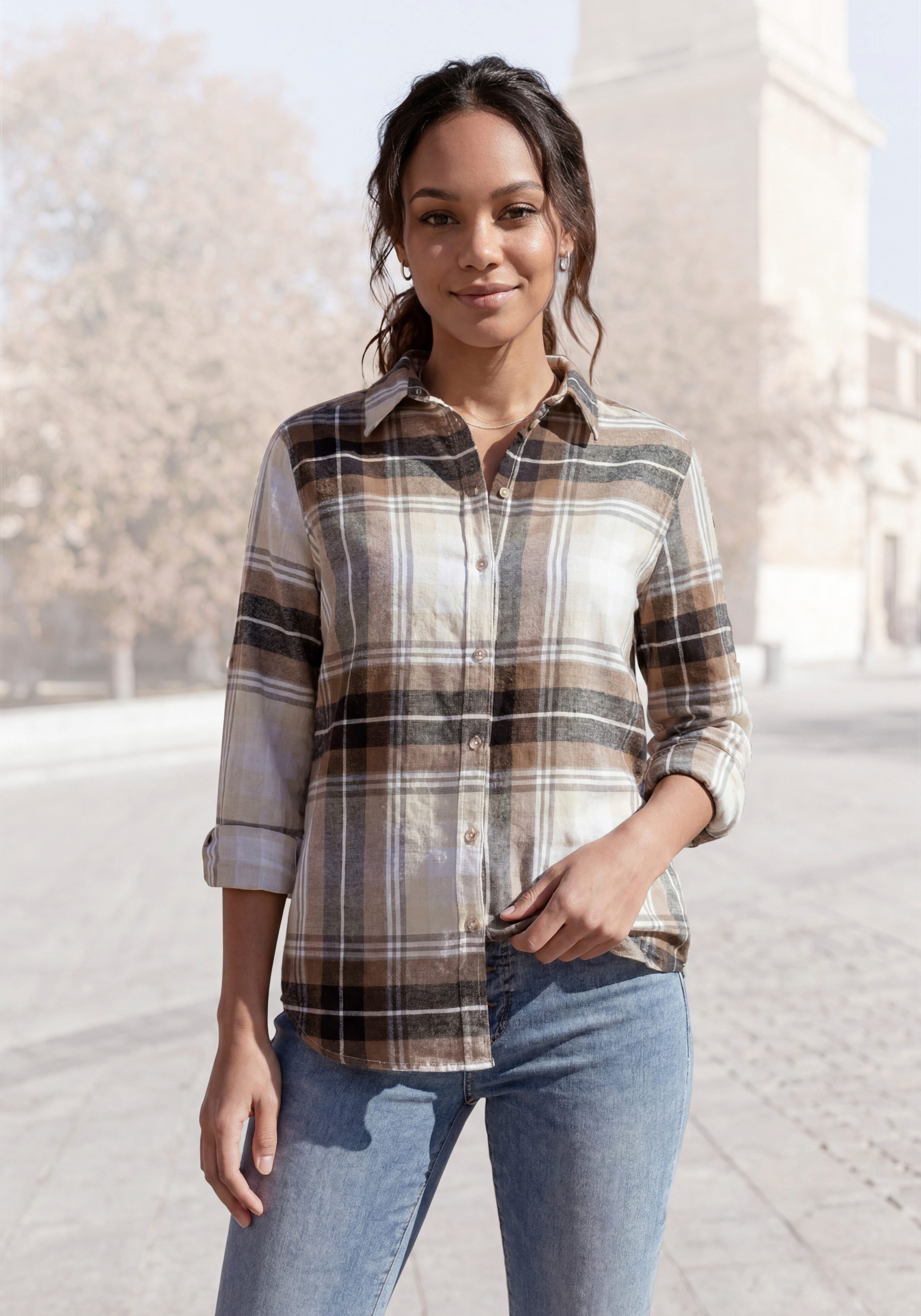 Buffalo Hemdbluse aus weichem Flanell mit Blusenkragen, Flanellhemd, Karobluse