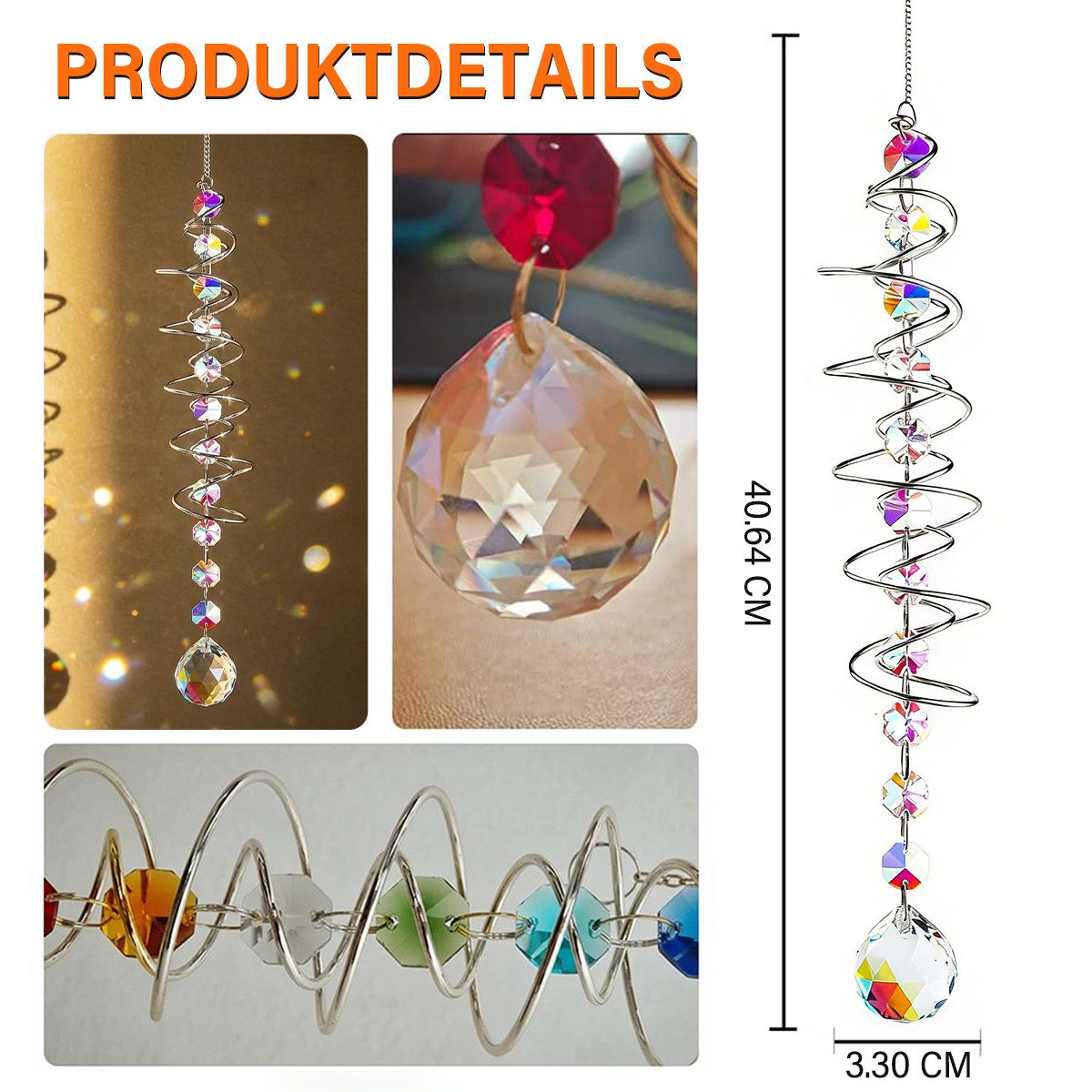 MOPUEA Windspiel 3D Windspiel aus Edelstahl Kristall Sonnenfänger mit Spiralschwanz (3D-Effekt Windspiel für Fenster Garten Balkon, mit Spiraleffekt, 1 St), Regenbogen Deko Hängend Innen Außen, 45 cm