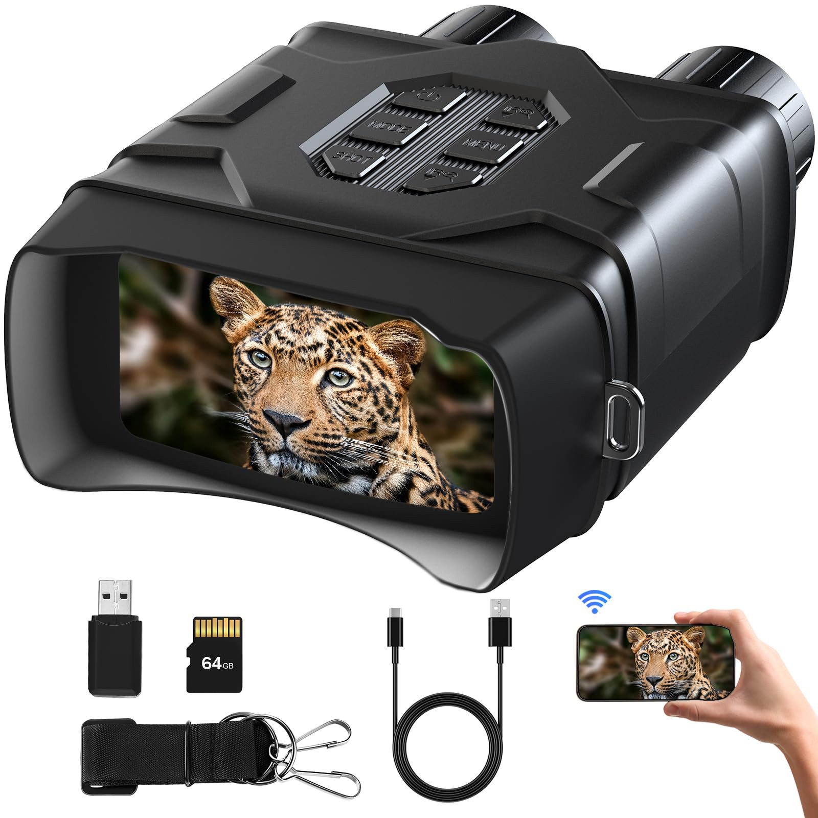 Tekoo Nachtsichtgerät Digitales Nachtsichtgerät 5K Video & 52MP, 800m Sicht, WLAN, 64GB, 5K Ultra HD Videoaufnahme & 52MP Fotos, App-Steuerung