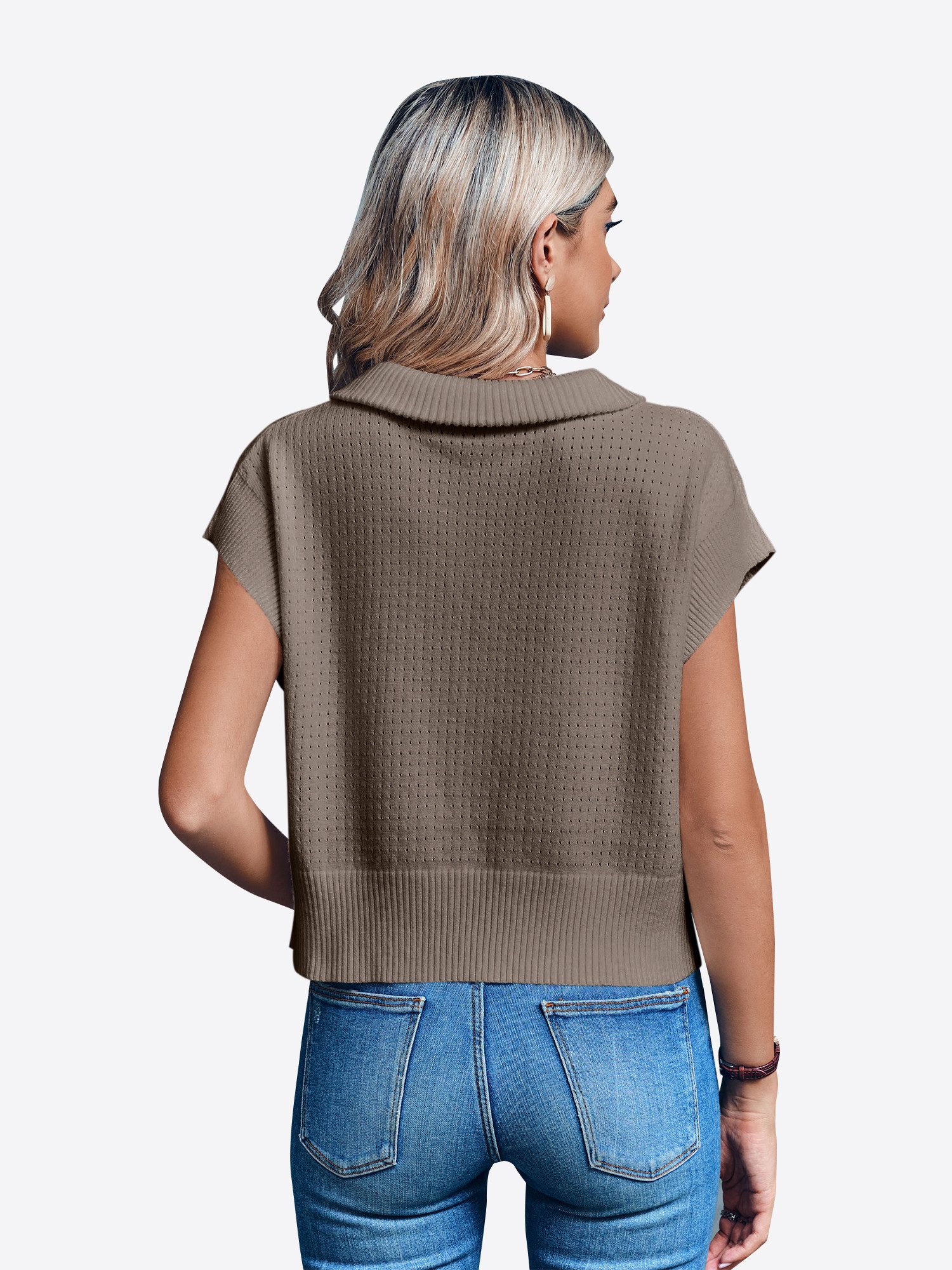 Imily Bela Strickpullover Damen Kurzarm Pullover mit Halbreißverschluss (Packung, 1-tlg., 1per-Pack) hochschließender Kragen