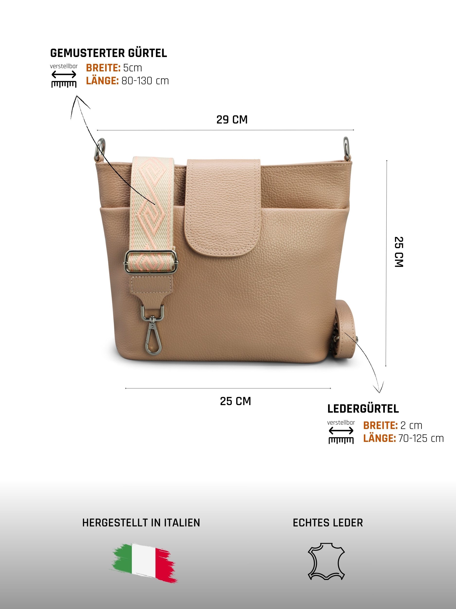 Adel Bags Schultertasche SARA Umhängetasche für Damen, Schultertasche aus Echtleder (Test SEHR GUT, Note 1.1), 20 Farboptionen, Hergestellt in Italien, mit 2 Riemen