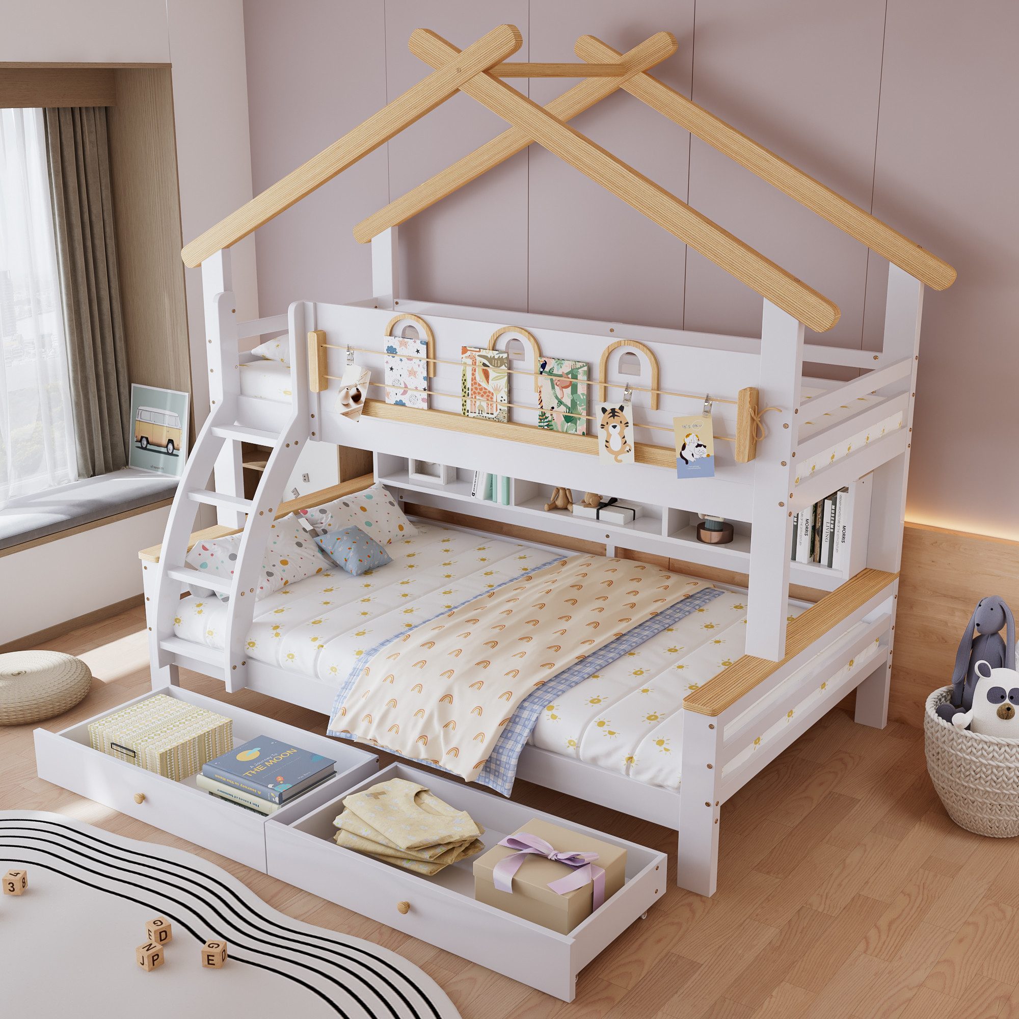 REDOM Etagenbett mit Leitplanke, zwei Aufbewahrungsschubladen und vierstöck günstig online kaufen