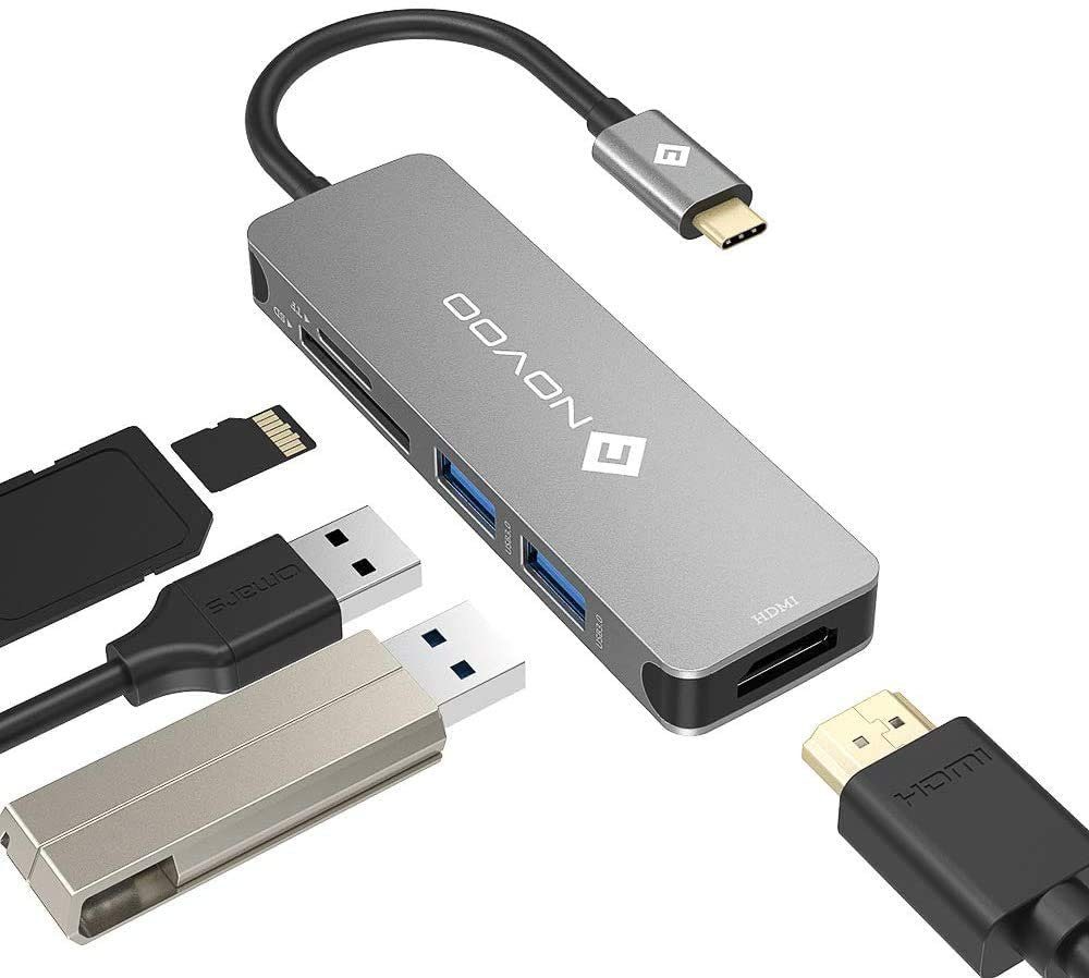 NOVOO 5 in 1 Adapter für technische Geräte, Anschlusserweiterung für den PC USB-Adapter USB-C zu USB 3.0 Typ A, SD Kartenleser, TF Kartenleser, HDMI, USB-C, Kompatibel mit Windows Laptop, Tablet, MacBook & Ipad