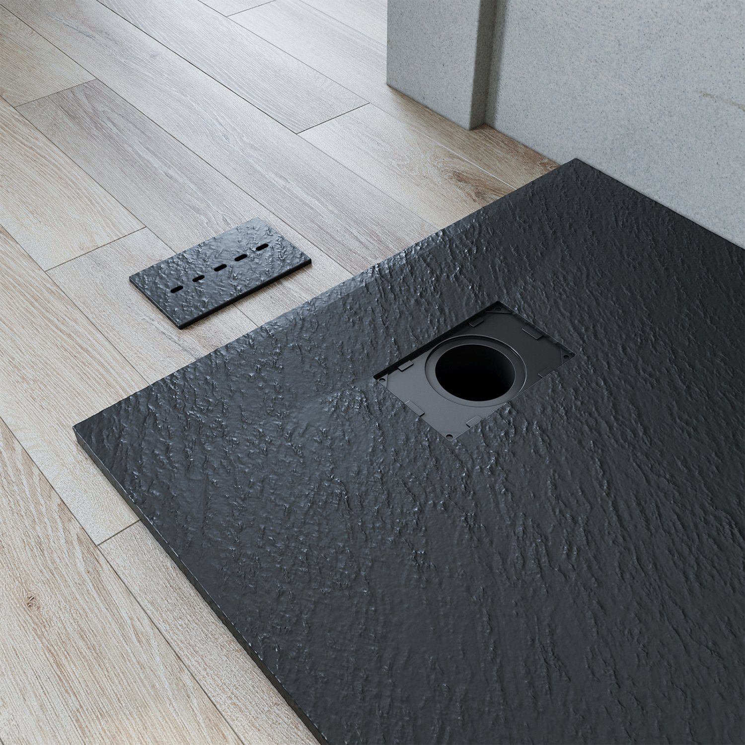 SONNI Duschwanne Duschwanne SMC Duschtasse Flach, mit Ablaufgarnitur Schieferoptik und Rutschfeste