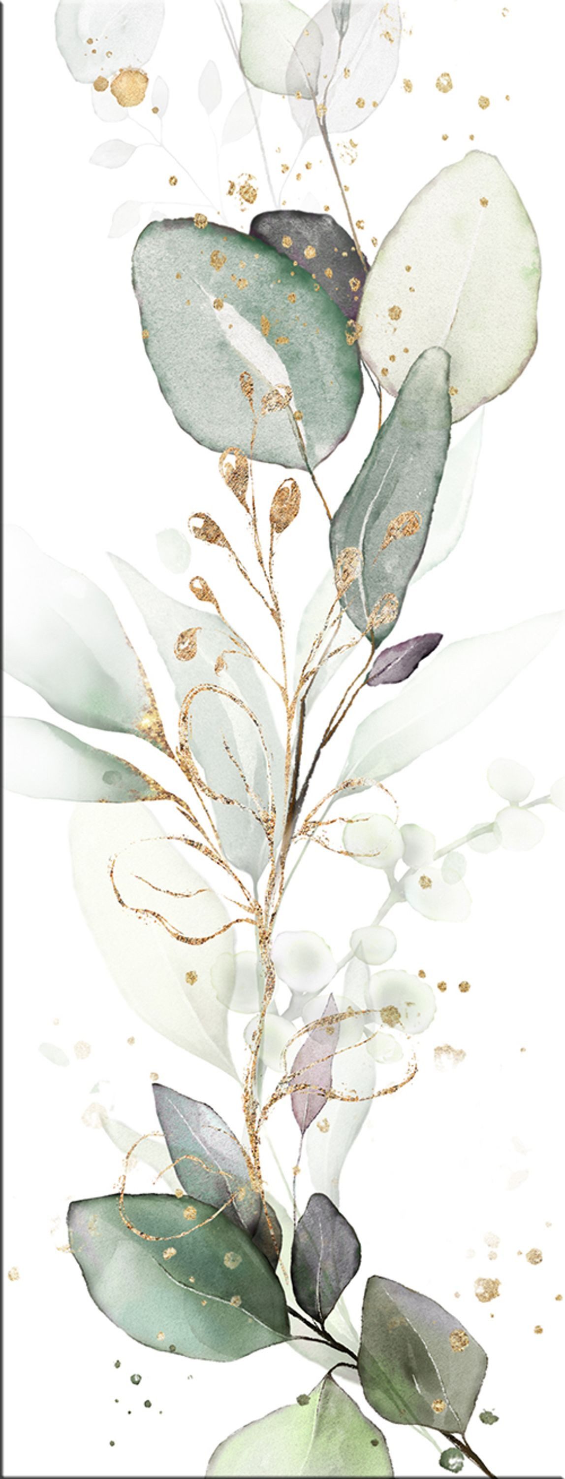 artissimo Glasbild Bild aus Glas 30x80 cm / Wandbild Hochformat / Wanddeko modern, Blumen und Blüten: Eukalyptus Aquarell in salbei grün gold