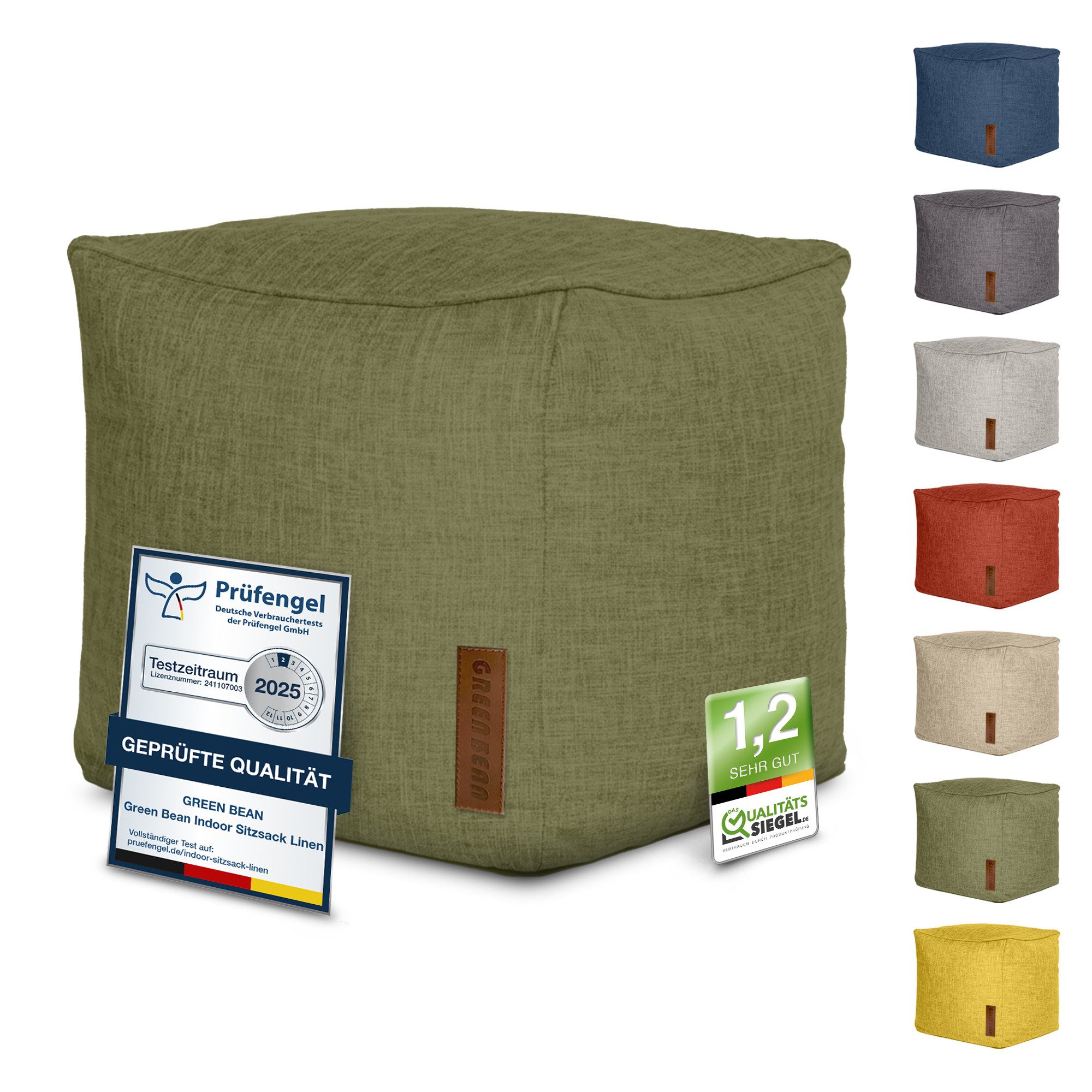 Green Bean Pouf Cube Linen (Indoor Sitzhocker Sitzkissen Fußhocker Relax-Sessel, Made in Germany), die ideale Ergänzung zum Sitzsack