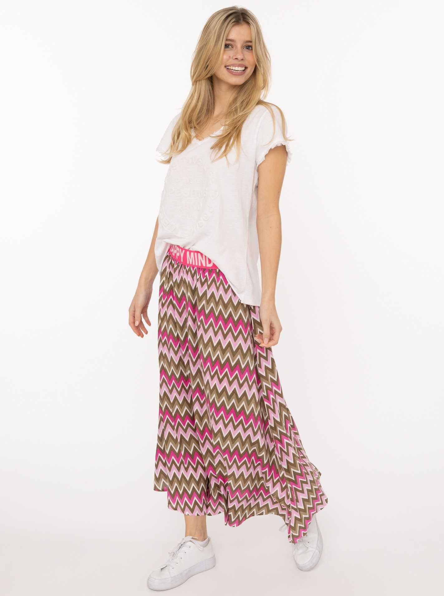 Zwillingsherz Maxirock "Zick Zack" farbiges Zackenmuster, Gummizug mit Schrift, knöchellang