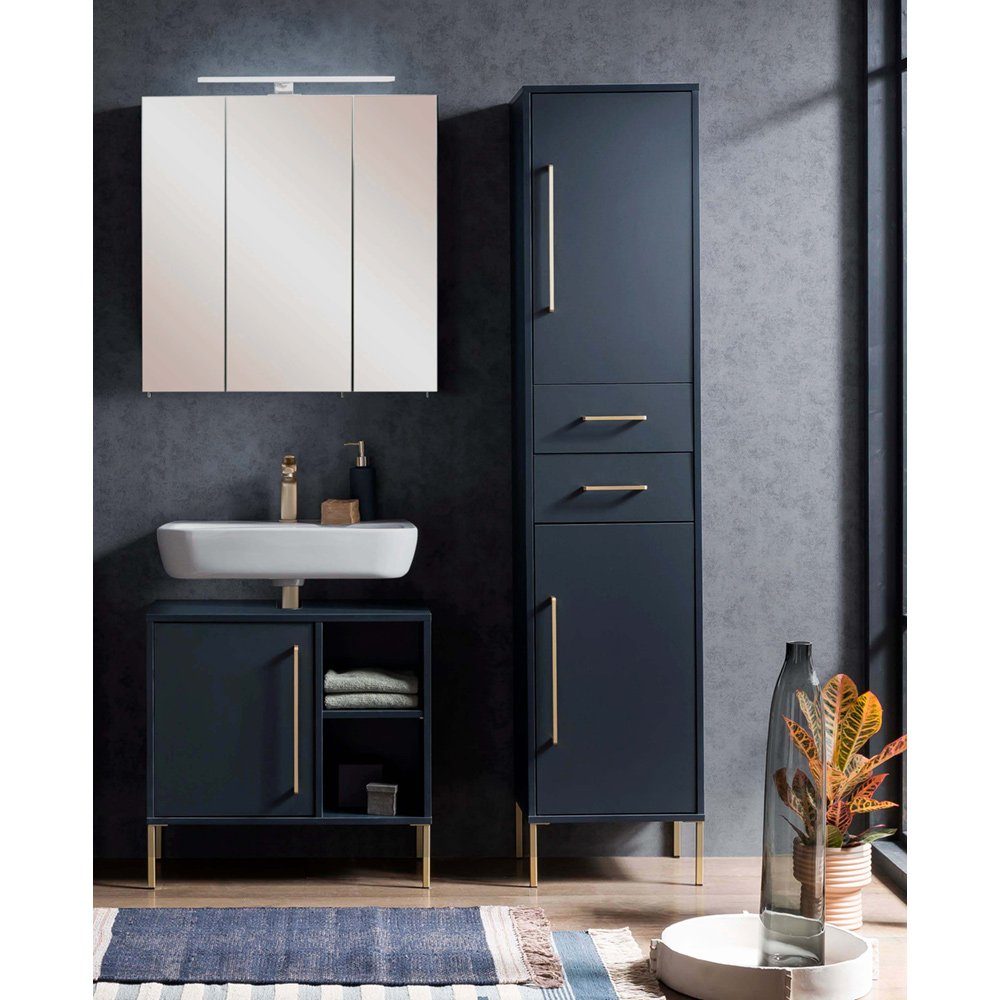 Lomadox Badmöbel-Set KELLA-80, (Spar-Set, 3-St), inkl. Spiegelschrank und Hochschrank in nachtblau 125,5/184,3/33,1 cm