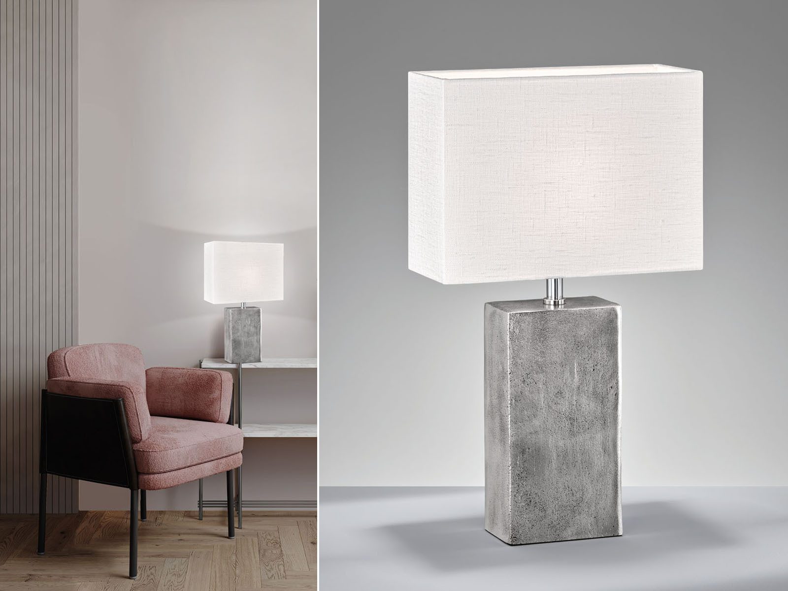 FISCHER & HONSEL LED Nachttischlampe Metallfuß Antik Design, 50cm groß, LED wechselbar, Warmweiß, Tischlampen-Fuß Silber & Lampenschirm Leinen-Stoff, E27 LED dimmbar
