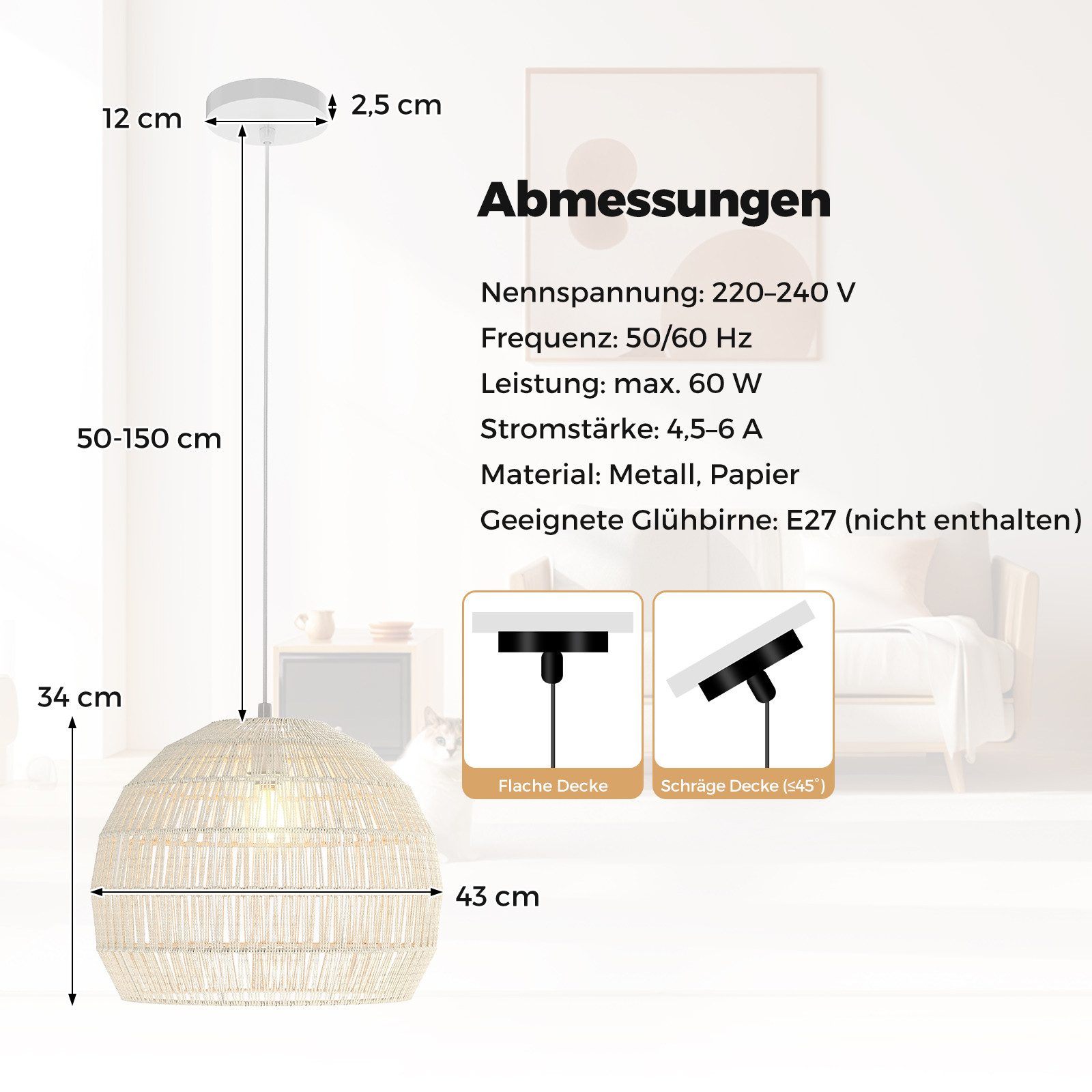 COSTWAY Pendelleuchte, geflochtene Deckenleuchte, verstellbare Aufhängehöhe