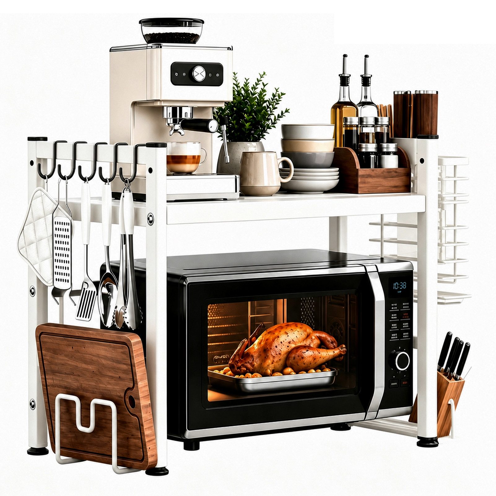 Esun Standregal Mikrowellen Regal 2-Stufig Microwave Shelf Schrank Küchenregal, Stahl, Mikrowellenregal mit 5 Haken, Schneidebrettständer