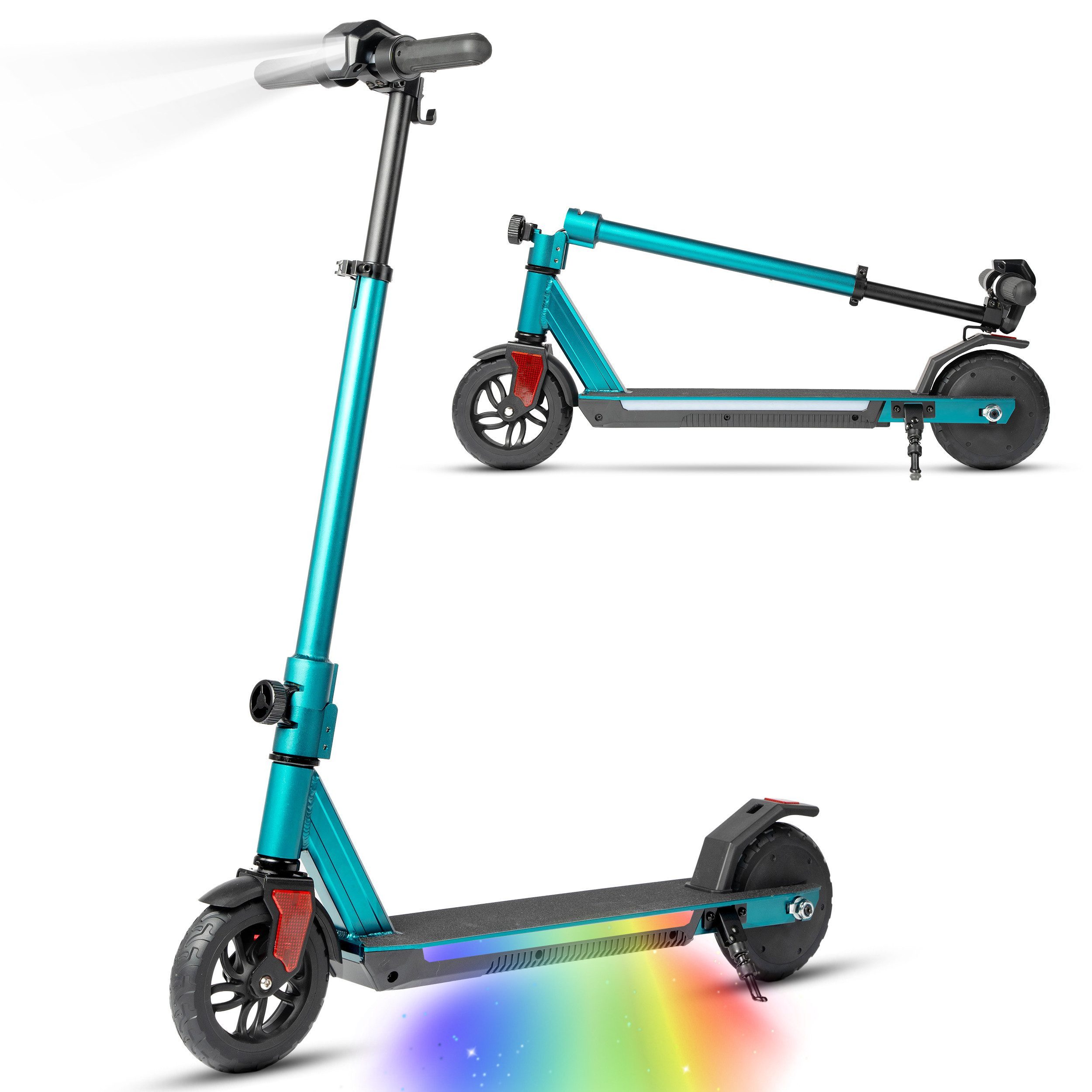 Vankel Elektro-Kinderroller klappbar, E Scooter für Kinder, ab 10 Jahre, 15km, Bunte Leuchten, Cityroller, 14km/h, EBS+Fußbremse, höhenverstellbar, mit Haken