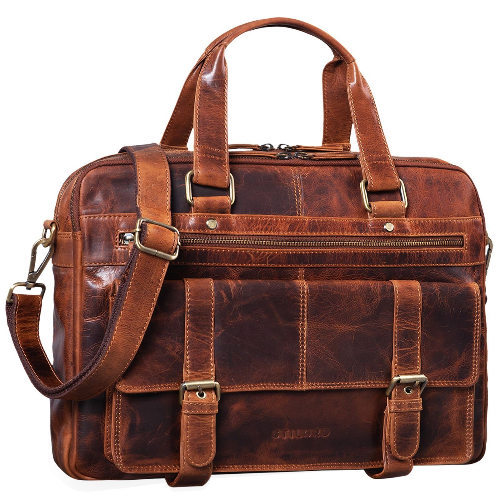 STILORD Aktentasche "Alvaro" Vintage Ledertasche Laptoptasche kara - cognac