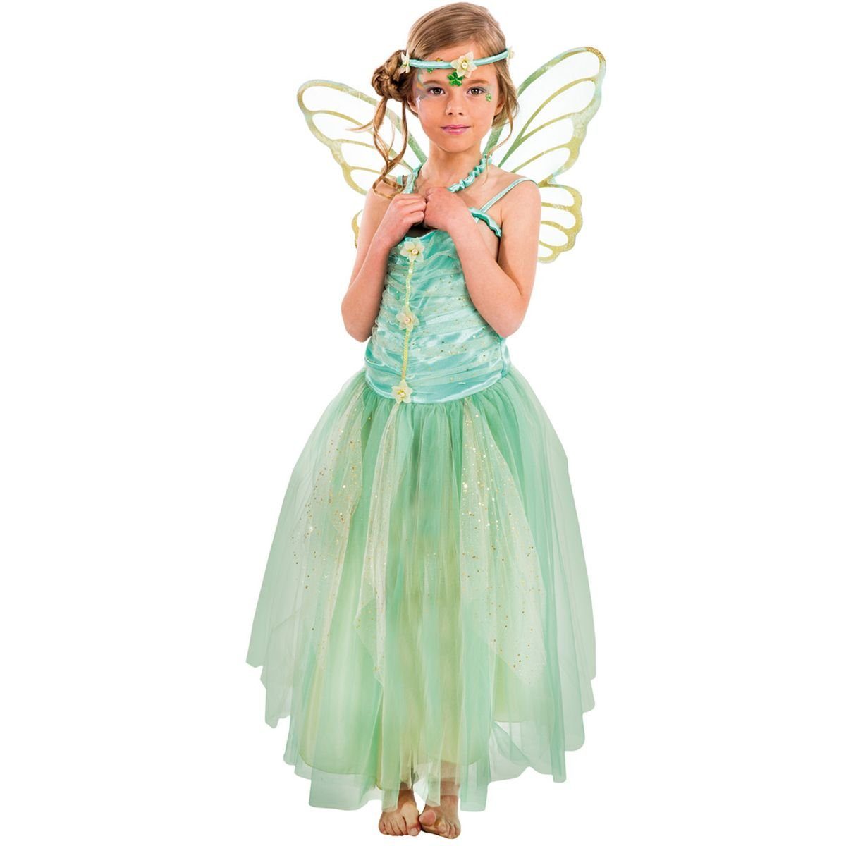 CHAKS Feen-Kostüm Elvina Kleid, Flügel und Stirnband für Kinder Grün Elfe