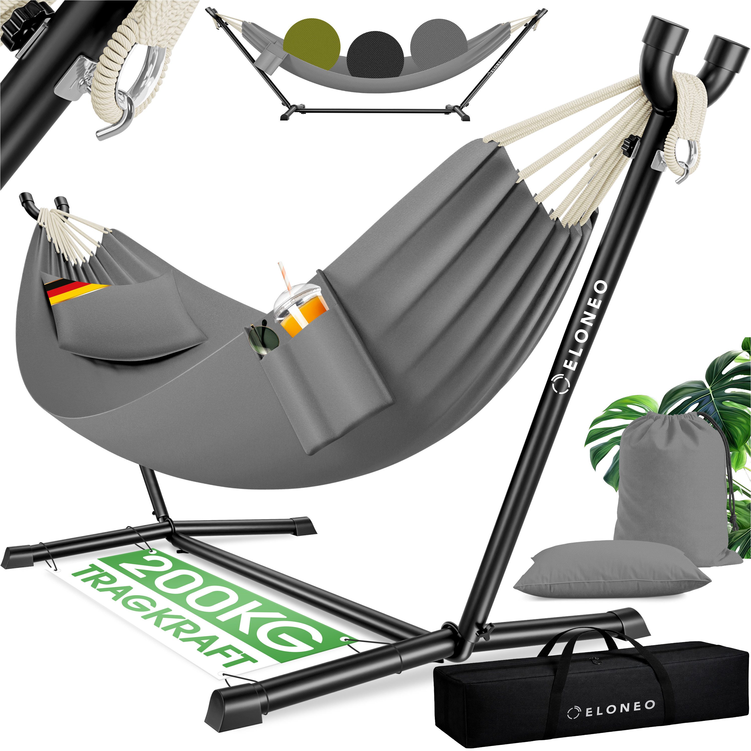 ELONEO Hängematte mit Gestell – Komfort & Flexibilität für Garten, Terrasse und Camping, belastbar bis 200kg, inkl. Kopfkissen und Tragetasche