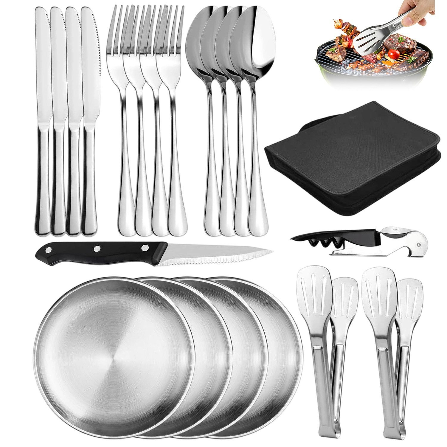 AKKEE Besteck-Set Camping Besteck Set Picknick-Set Outdoor Campinggeschirr Set, 4 Personen, Edelstahl