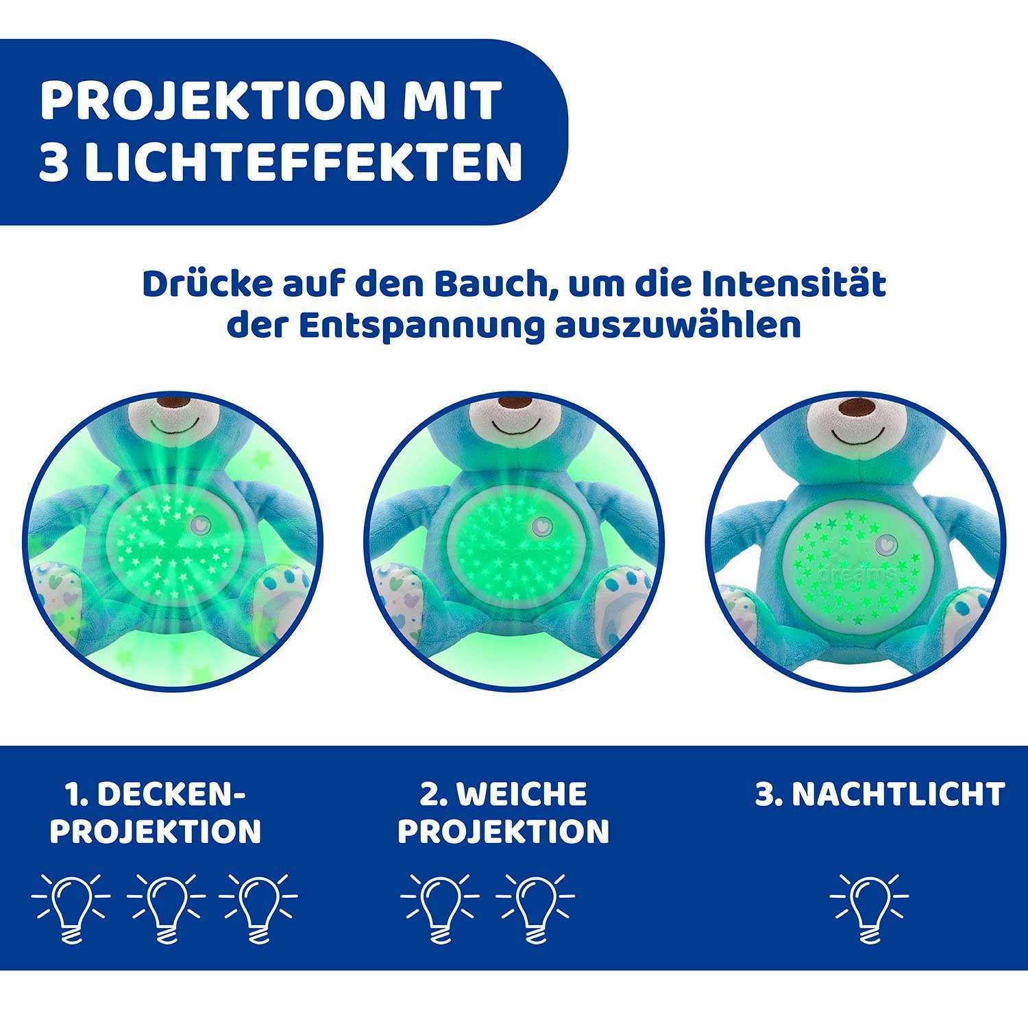 Chicco Kuscheltier First Dreams Baby Bär, Hellblau, mit Lichtprojektion und Soundfunktion – Bild 4 von 5